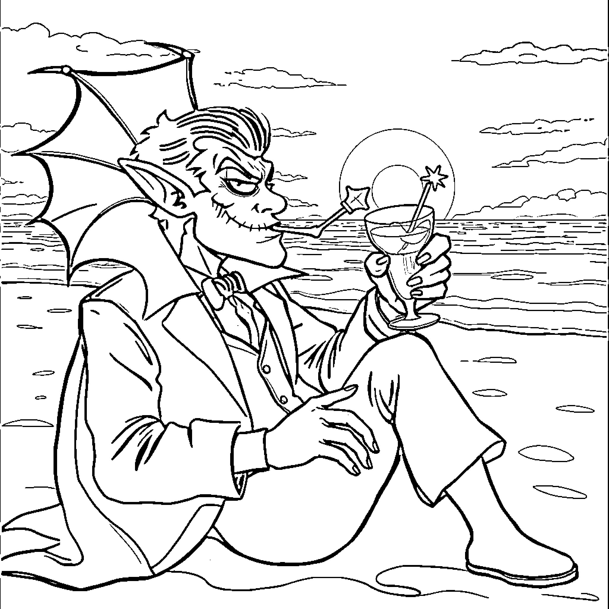 Dracula drinks wine under the moonlight Coloring Page (free black-and-white line drawing printable PDF for all, from beginners to advanced learners, including children, teens, adults, and seniors)