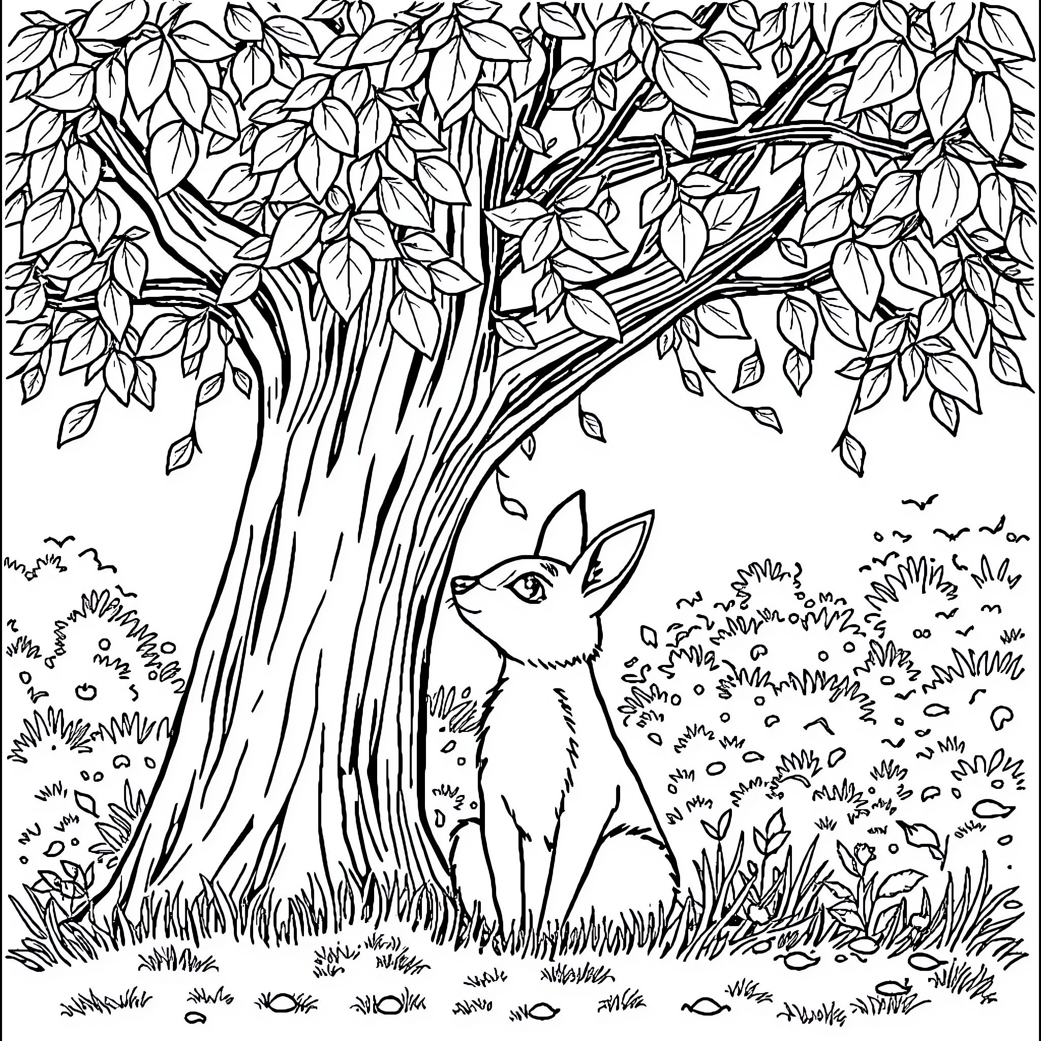 Tare: Woodland Sanctuary with Curious Creature Coloring Page (free black-and-white line drawing printable PDF for all, from beginners to advanced learners, including children, teens, adults, and seniors)