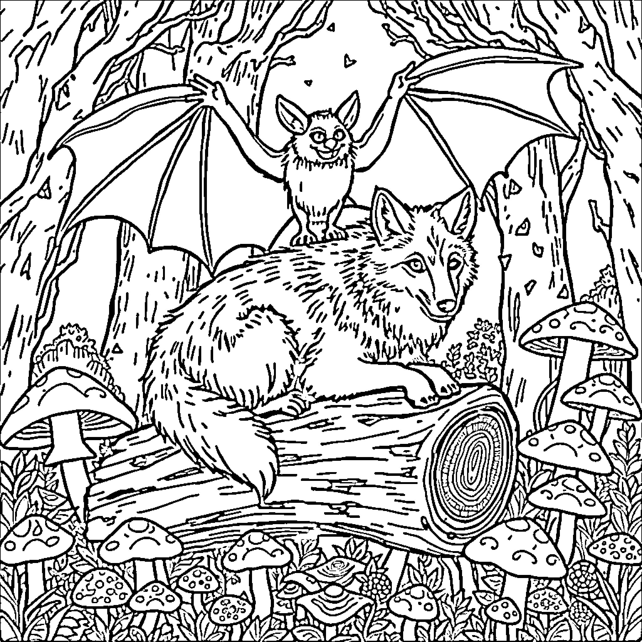 Bat and fox explore enchanted forest scene Coloring Page (free black-and-white line drawing printable PDF for all, from beginners to advanced learners, including children, teens, adults, and seniors)