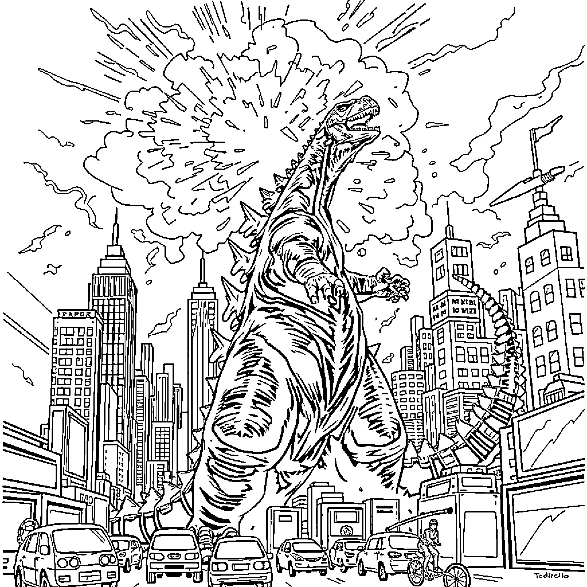 Godzilla rampaging through a city skyline Coloring Page (free black-and-white line drawing printable PDF for all, from beginners to advanced learners, including children, teens, adults, and seniors)