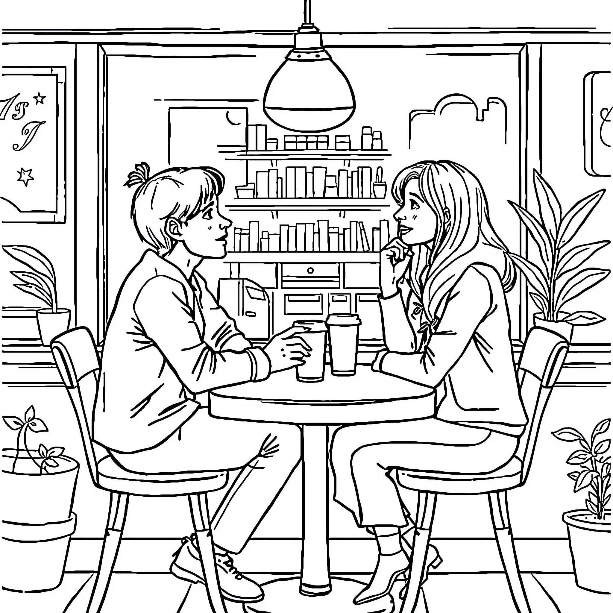 Cat cafe scene with two people conversing Coloring Page (free black-and-white line drawing printable PDF for all, from beginners to advanced learners, including children, teens, adults, and seniors)