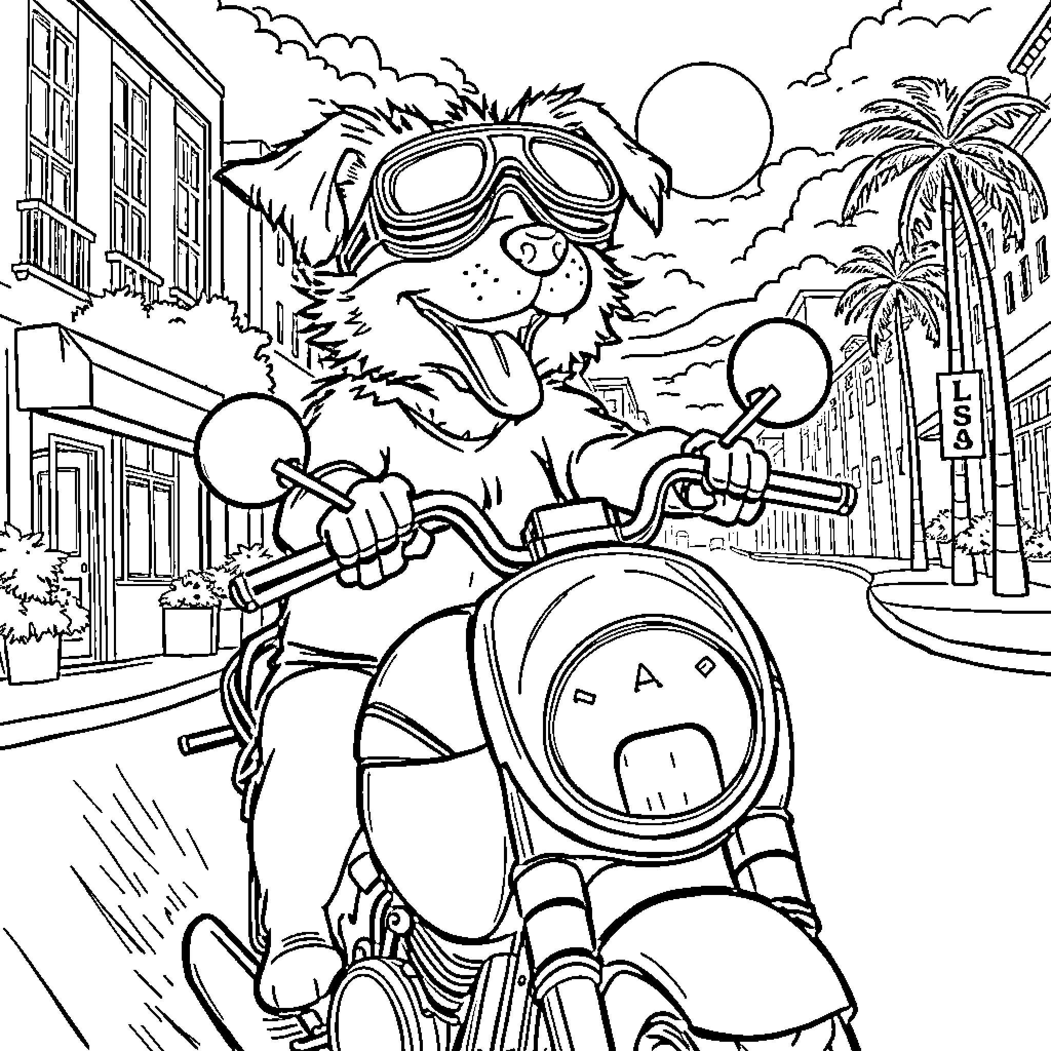 Dog riding motorcycle on city street Coloring Page (free black-and-white line drawing printable PDF for all, from beginners to advanced learners, including children, teens, adults, and seniors)