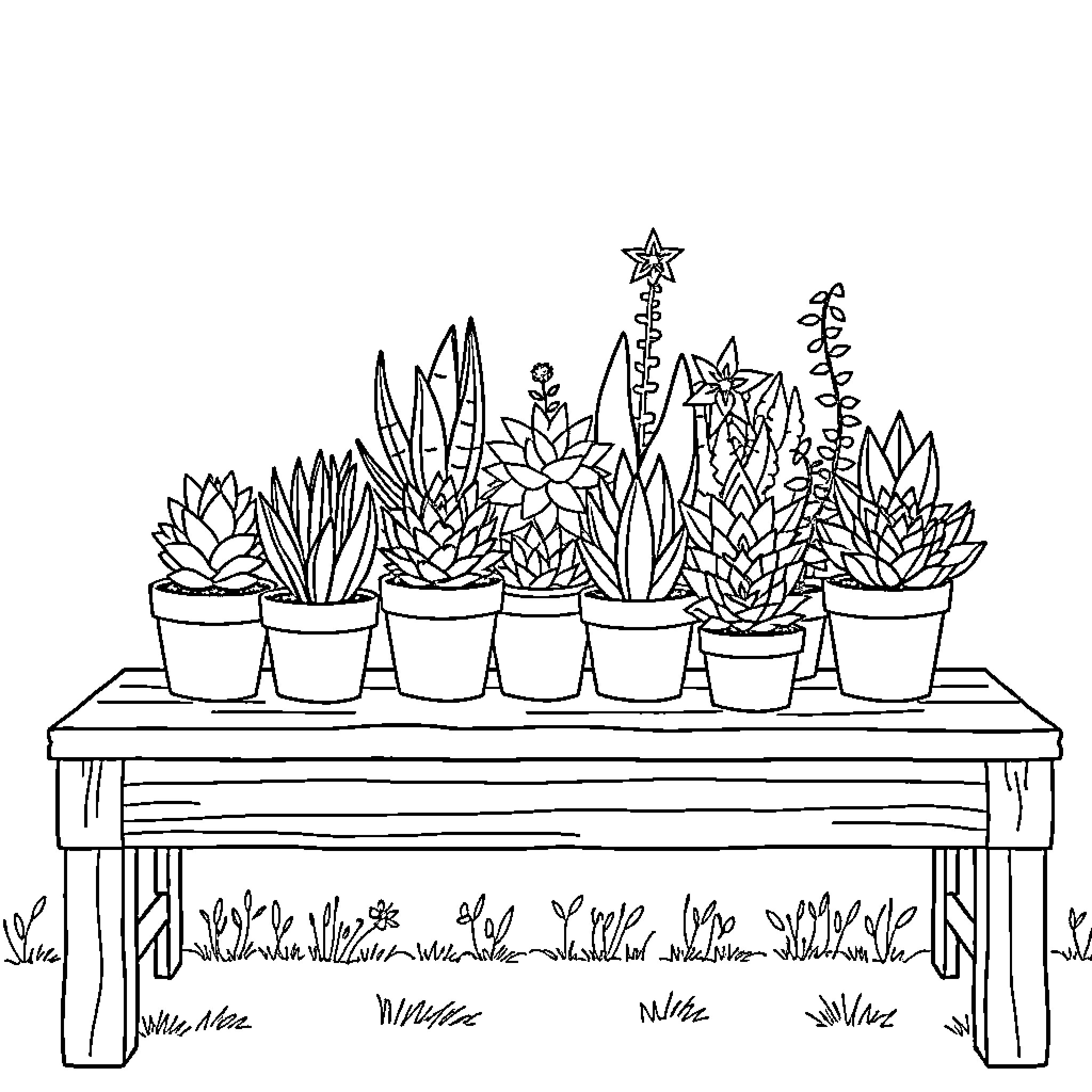 Succulent plants growing on a wooden shelf Coloring Page (free black-and-white line drawing printable PDF for all, from beginners to advanced learners, including children, teens, adults, and seniors)