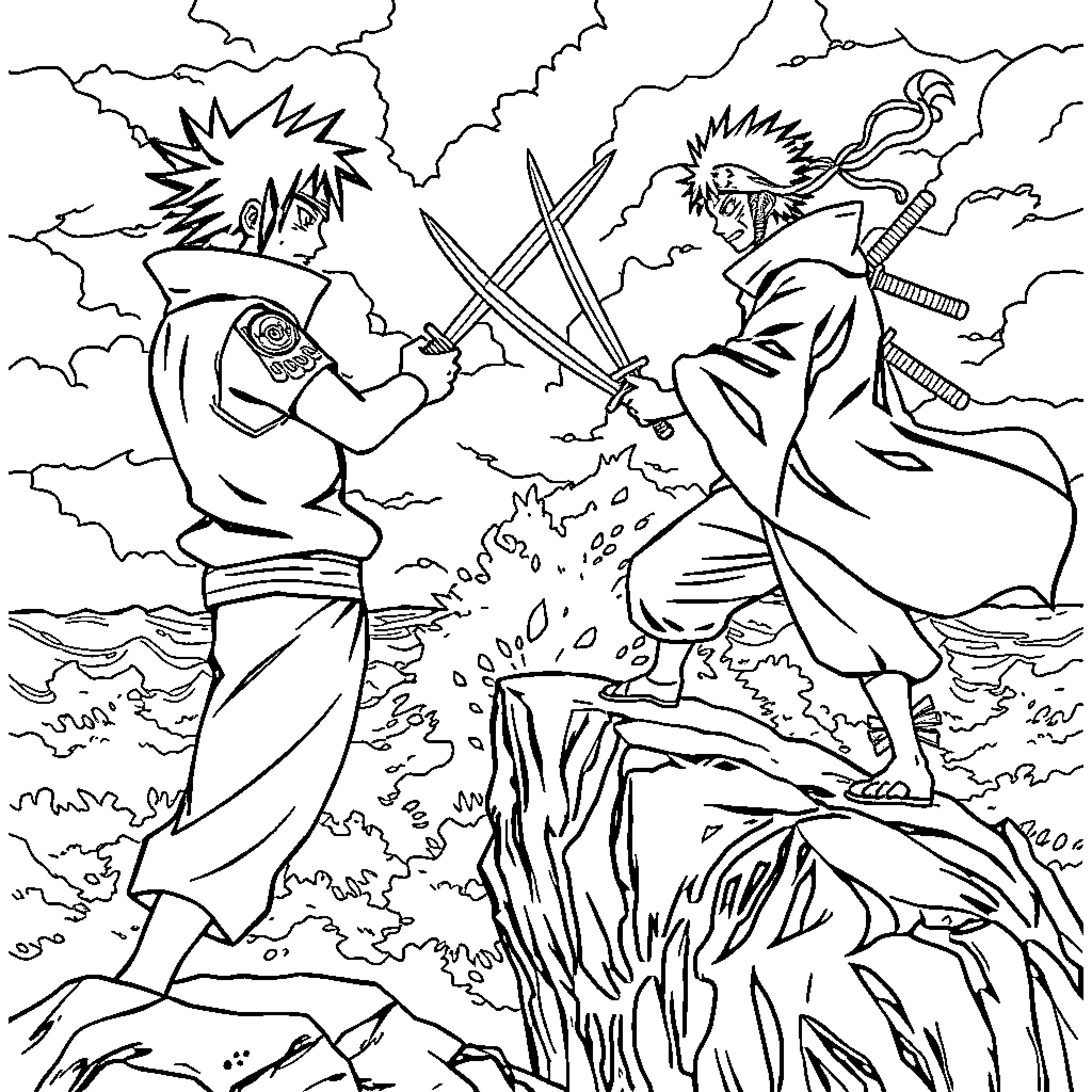 Sasuke in Intense Combat with Adversary Coloring Page (free black-and-white line drawing printable PDF for all, from beginners to advanced learners, including children, teens, adults, and seniors)