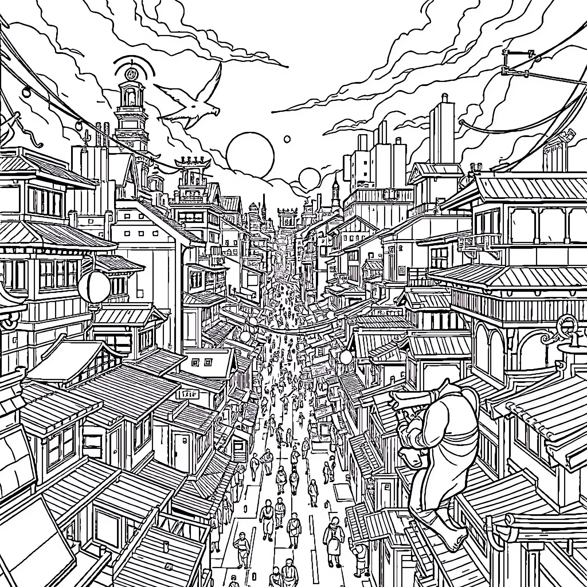 Ninja Navigating the Bustling City Streets Coloring Page (free black-and-white line drawing printable PDF for all, from beginners to advanced learners, including children, teens, adults, and seniors)