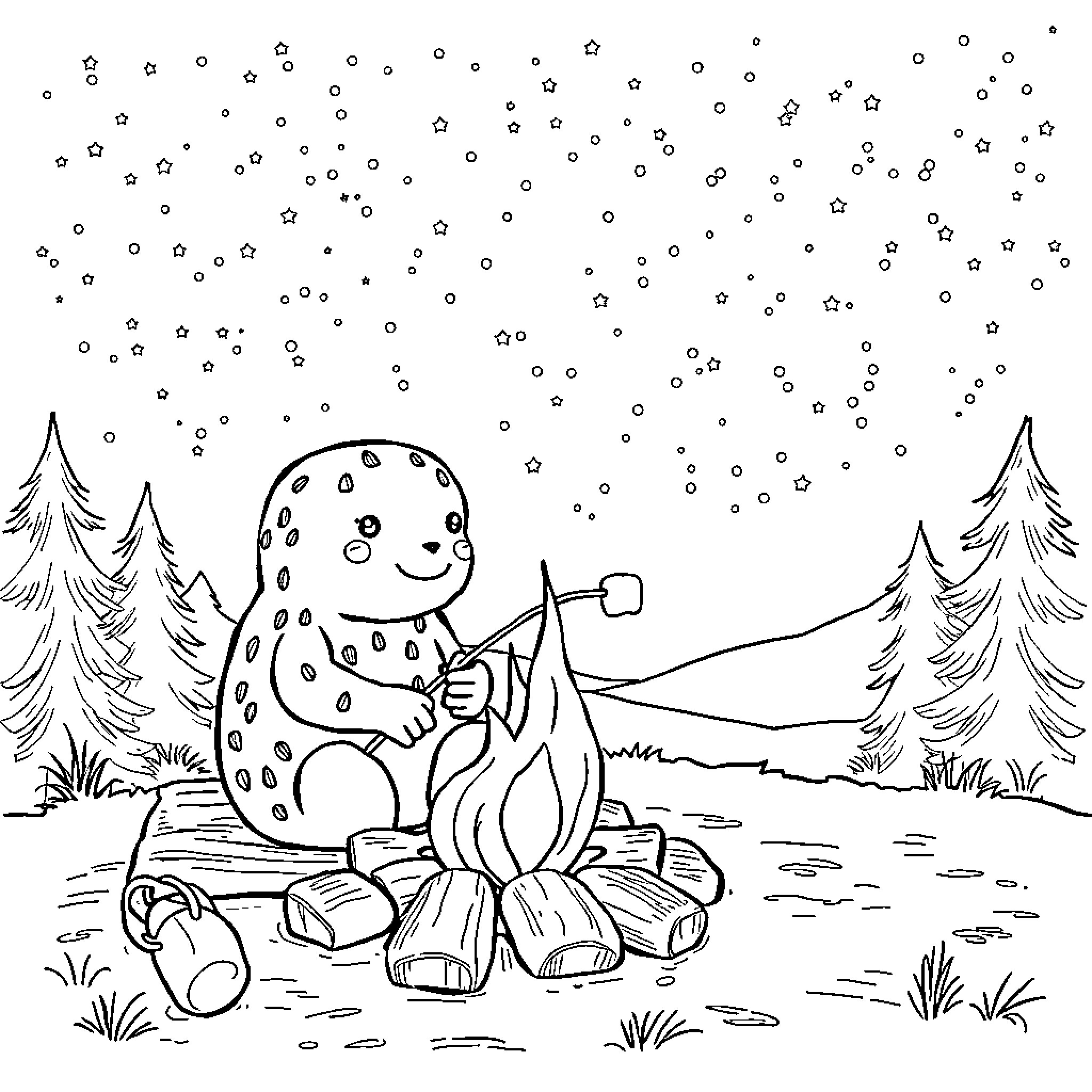 Labubu roasting marshmallows by the campfire in snowy night Coloring Page (free black-and-white line drawing printable PDF for all, from beginners to advanced learners, including children, teens, adults, and seniors)