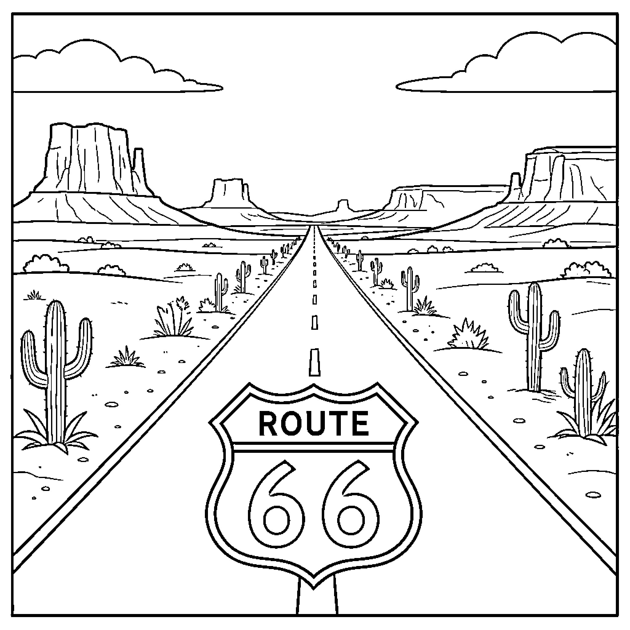 Route 66 stretching through a desert landscape Coloring Page (free black-and-white line drawing printable PDF for all, from beginners to advanced learners, including children, teens, adults, and seniors)