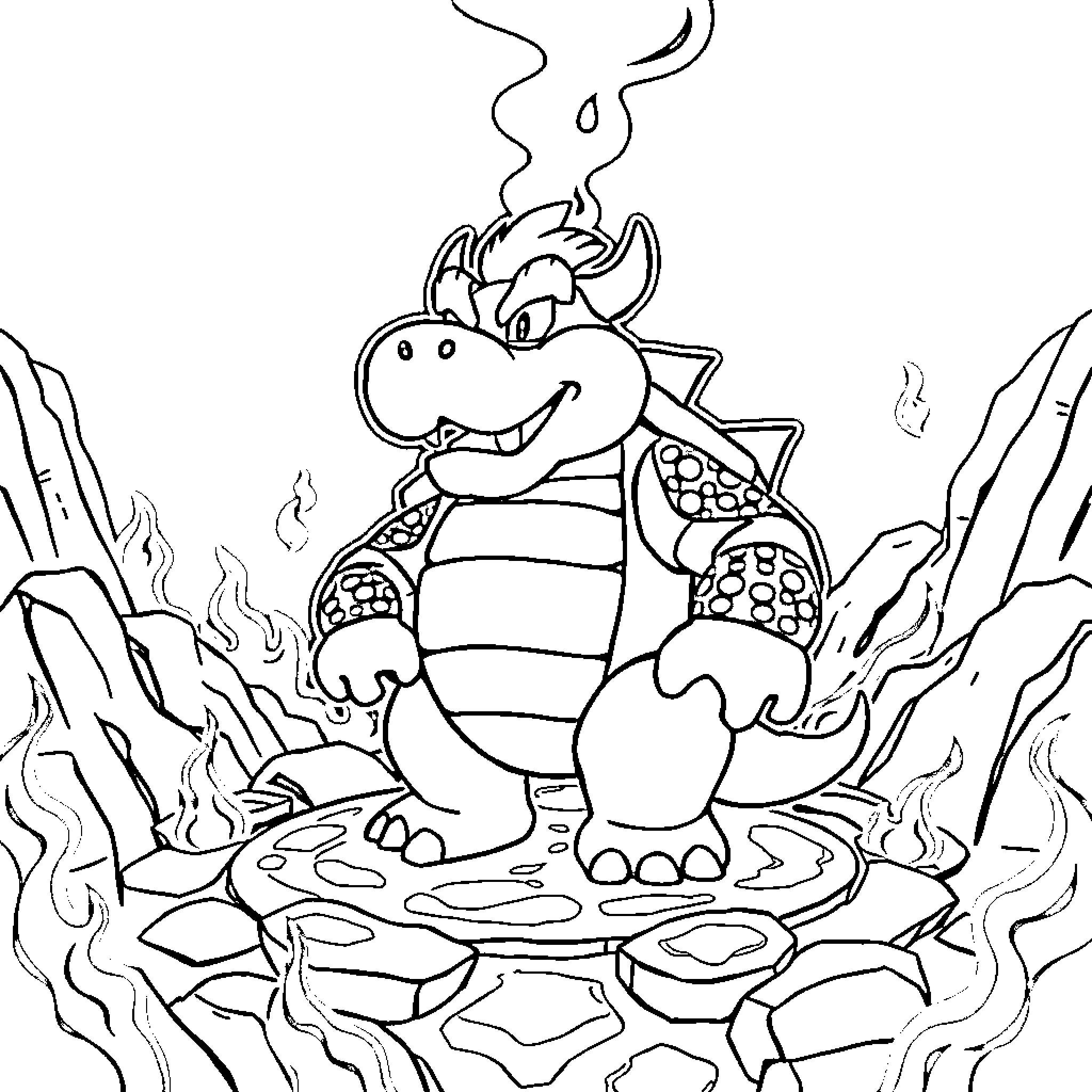 Bowser Junior in a Fiery Cavern Adventure Coloring Page (free black-and-white line drawing printable PDF for all, from beginners to advanced learners, including children, teens, adults, and seniors)