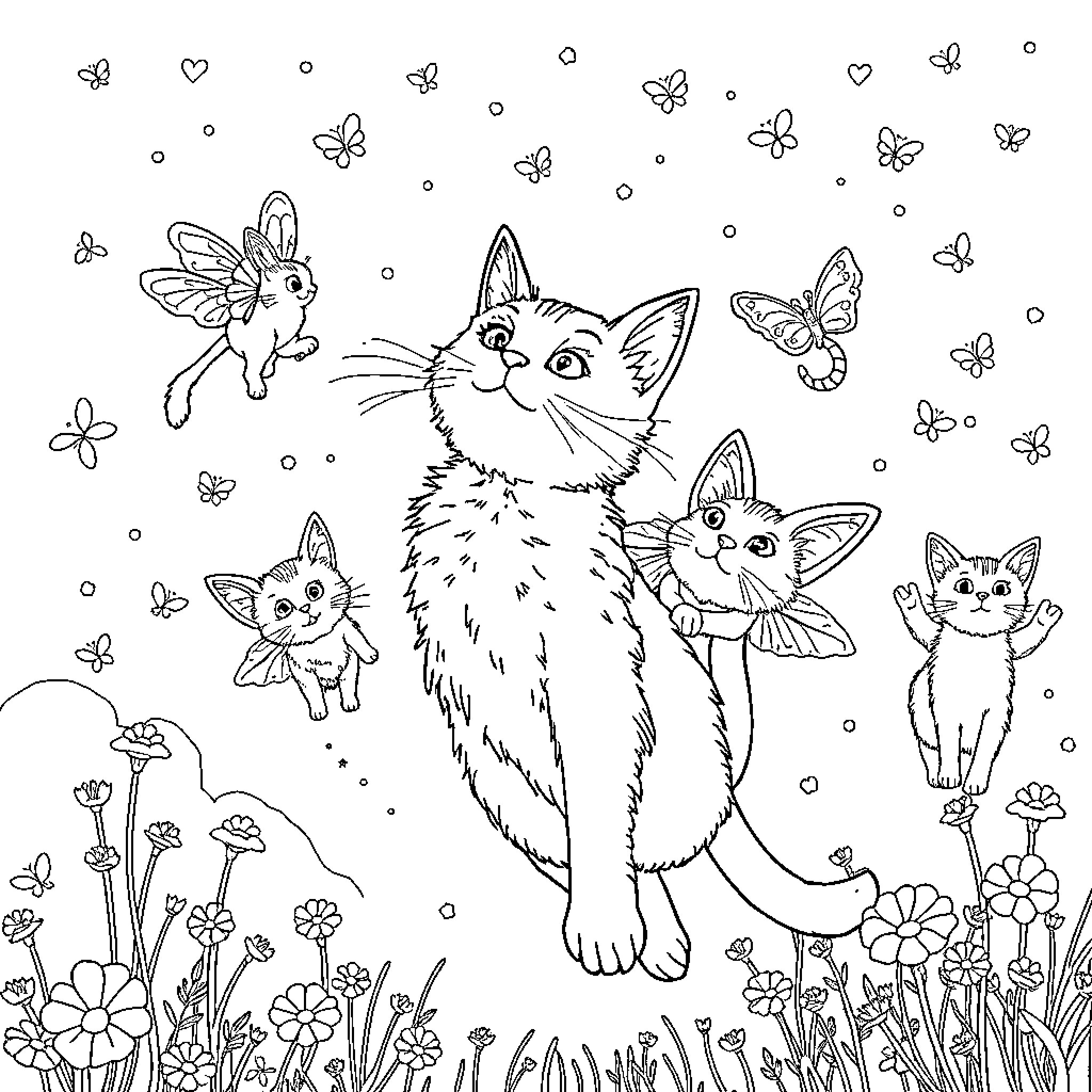 Cat and kittens surrounded by butterflies and flowers Coloring Page (free black-and-white line drawing printable PDF for all, from beginners to advanced learners, including children, teens, adults, and seniors)