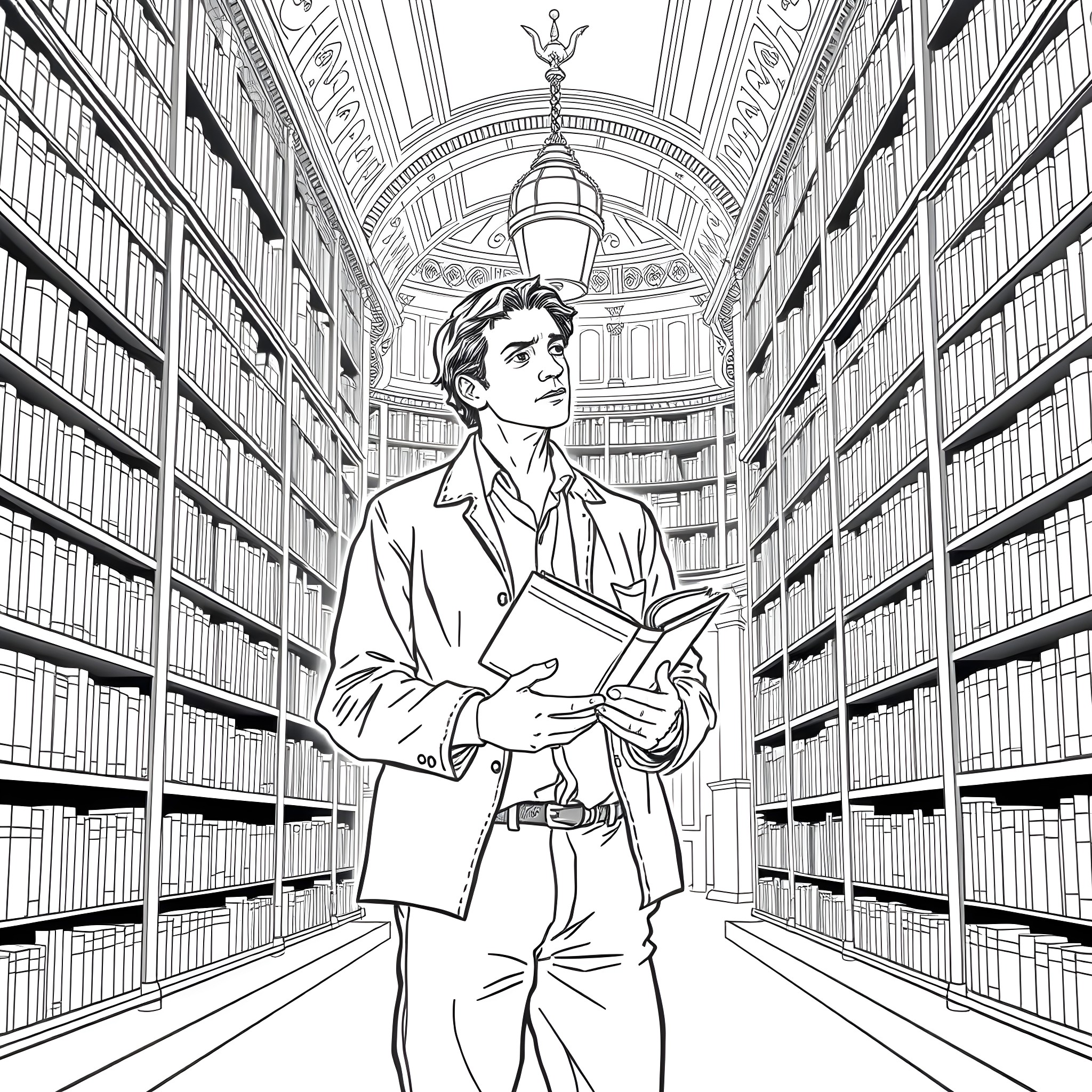 Jack Kerouac reading in a grand library Coloring Page (free black-and-white line drawing printable PDF for all, from beginners to advanced learners, including children, teens, adults, and seniors)