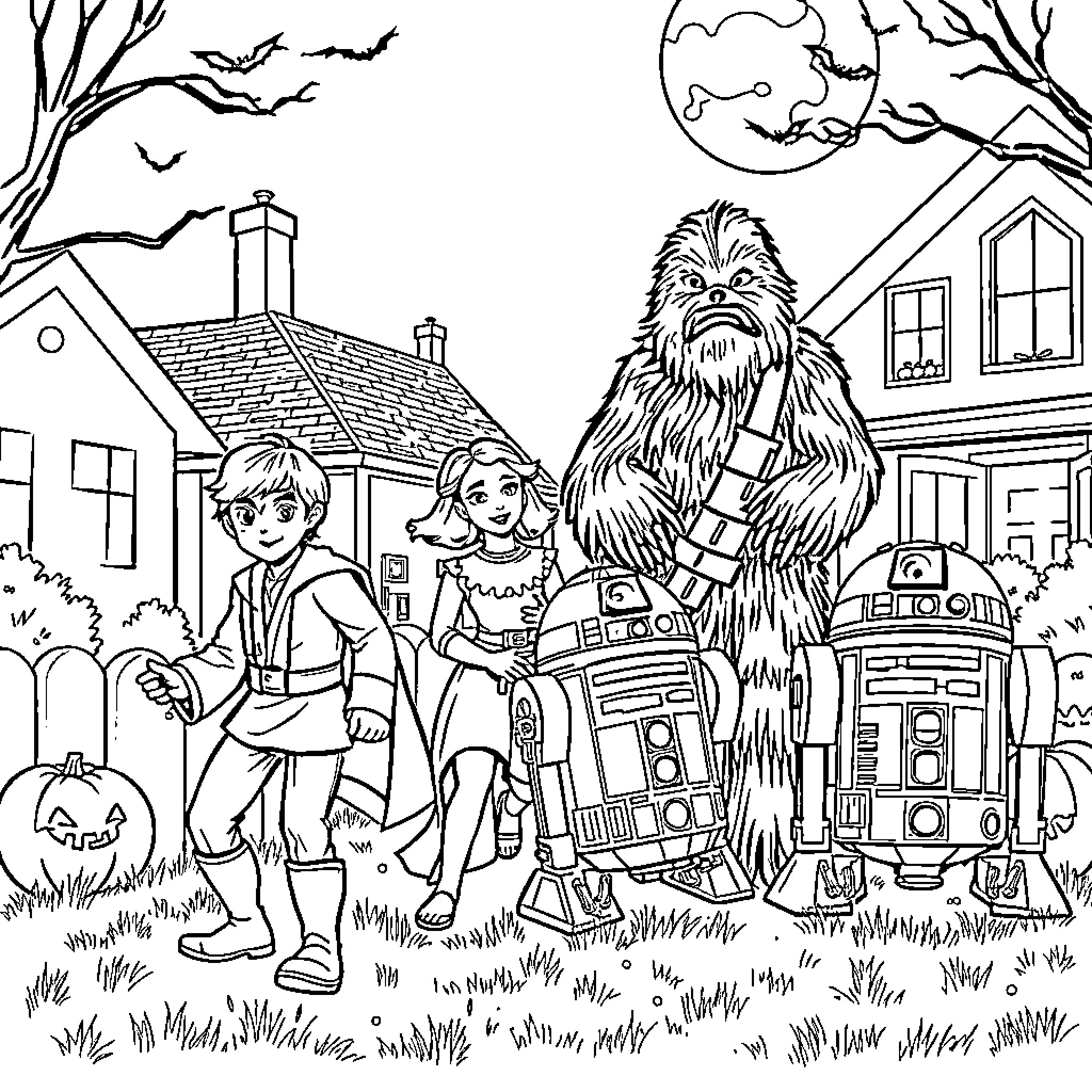 Luke Skywalker and friends explore a spooky Halloween scene Coloring Page (free black-and-white line drawing printable PDF for all, from beginners to advanced learners, including children, teens, adults, and seniors)