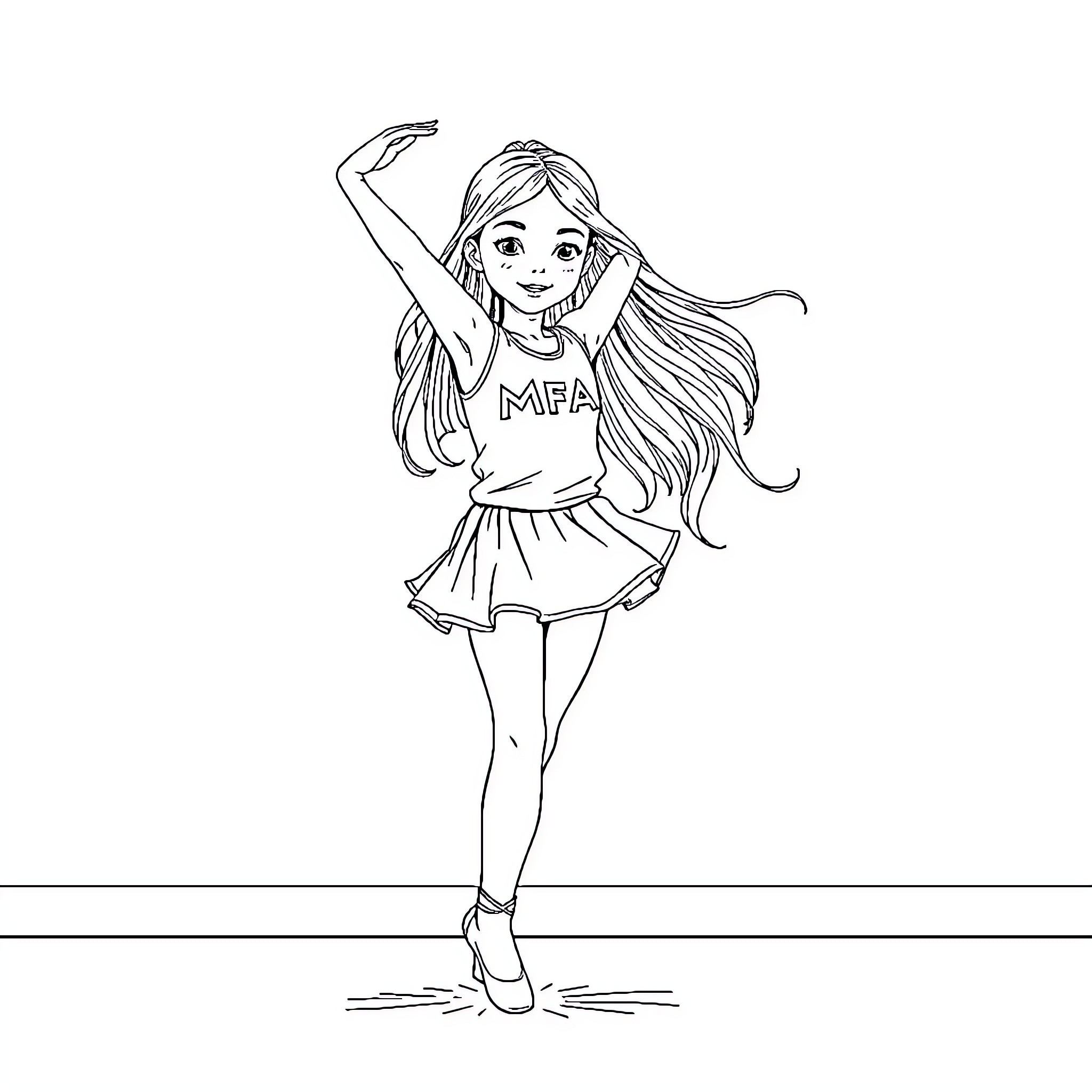 Girl dancing in athletic clothing Coloring Page (free black-and-white line drawing printable PDF for all, from beginners to advanced learners, including children, teens, adults, and seniors)