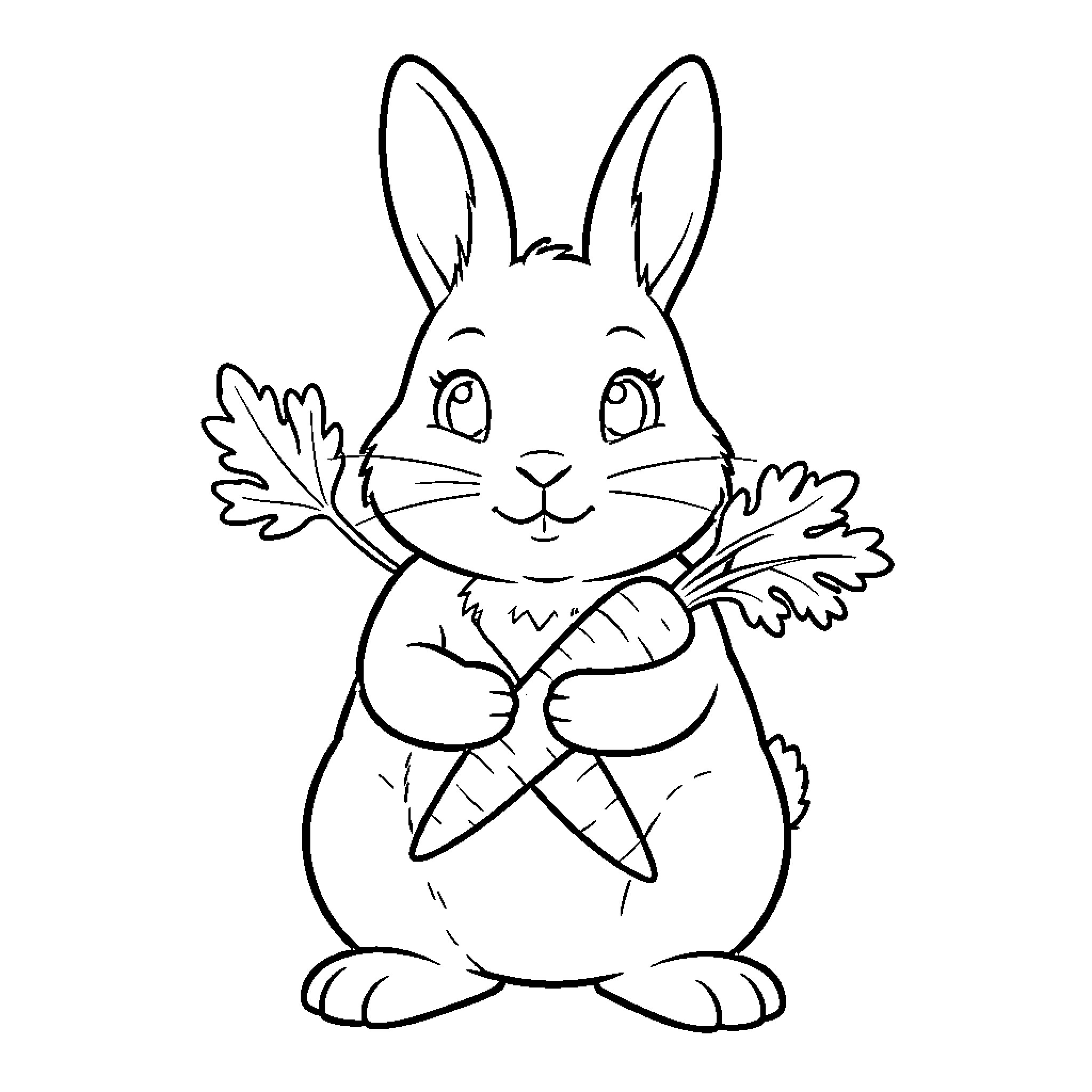 Rabbit holding two carrots with a happy expression Coloring Page (free black-and-white line drawing printable PDF for all, from beginners to advanced learners, including children, teens, adults, and seniors)