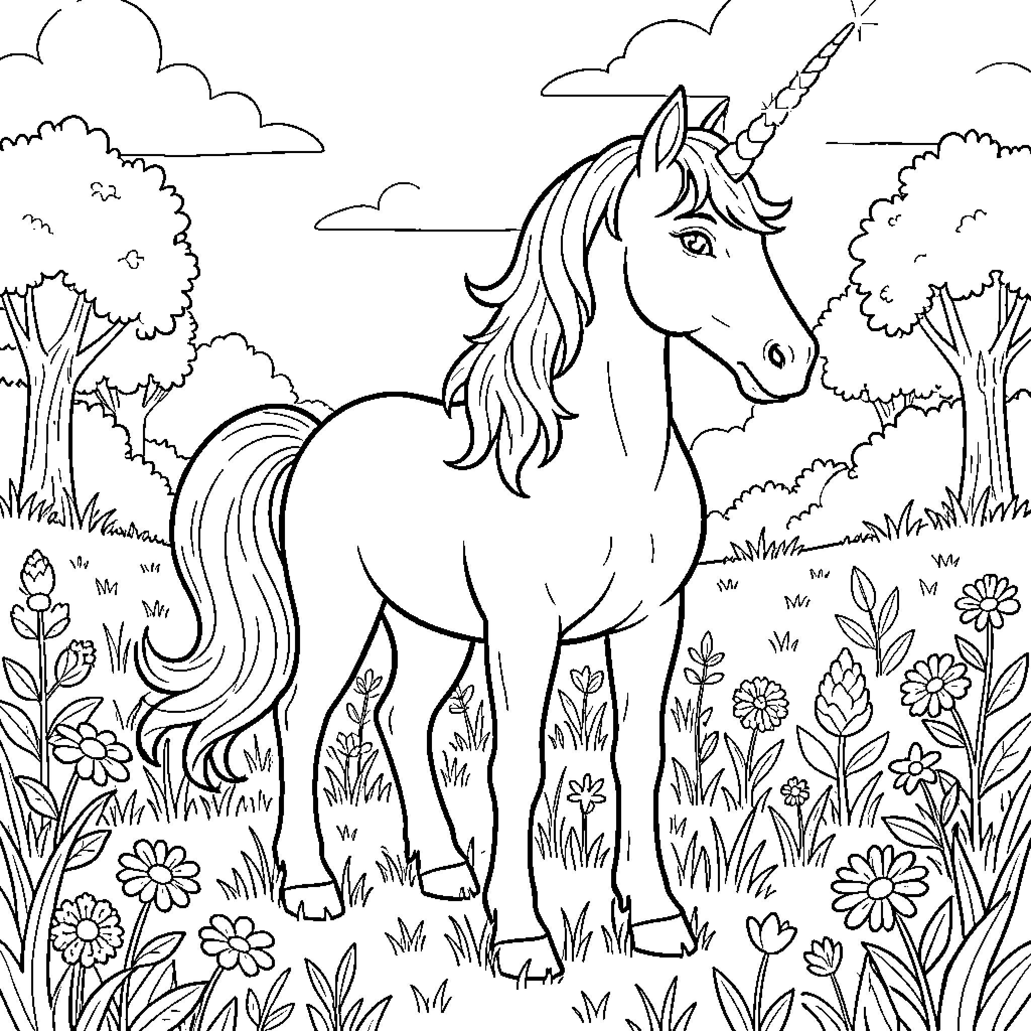 Unicorn standing peacefully in a flowery meadow Coloring Page (free black-and-white line drawing printable PDF for all, from beginners to advanced learners, including children, teens, adults, and seniors)