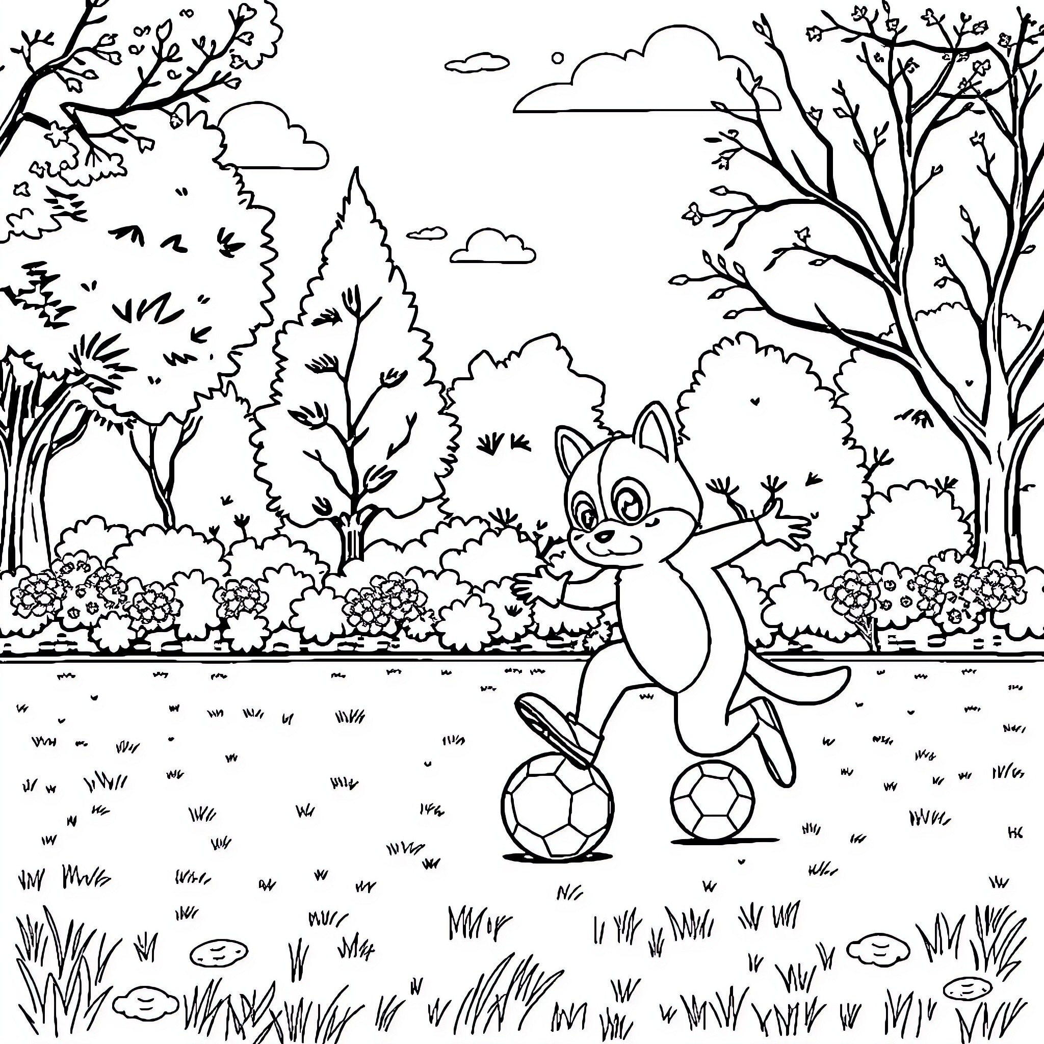 Paw Patrol character playing with soccer balls in a nature scene Coloring Page (free black-and-white line drawing printable PDF for all, from beginners to advanced learners, including children, teens, adults, and seniors)