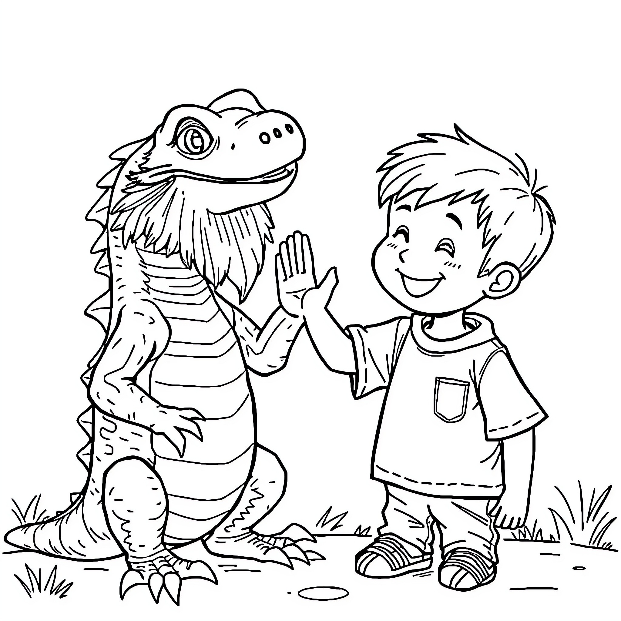 Bearded Dragon and Young Boy Interact Happily Coloring Page (free black-and-white line drawing printable PDF for all, from beginners to advanced learners, including children, teens, adults, and seniors)