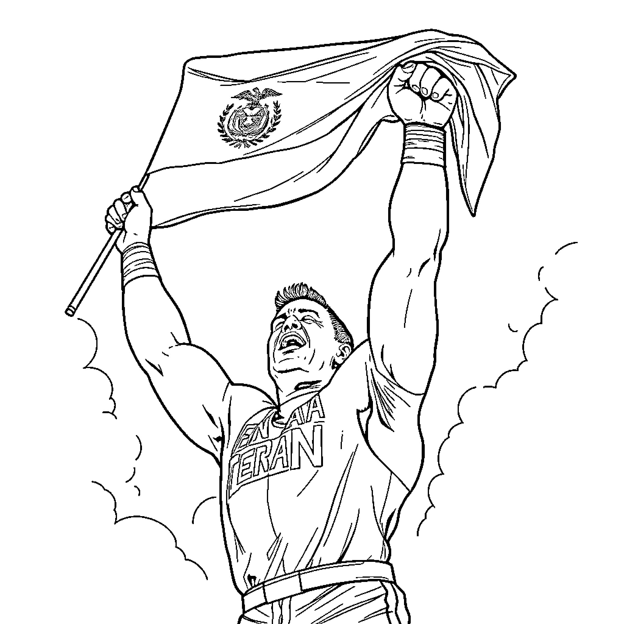 John Cena Celebrating Victory with National Flag Coloring Page (free black-and-white line drawing printable PDF for all, from beginners to advanced learners, including children, teens, adults, and seniors)