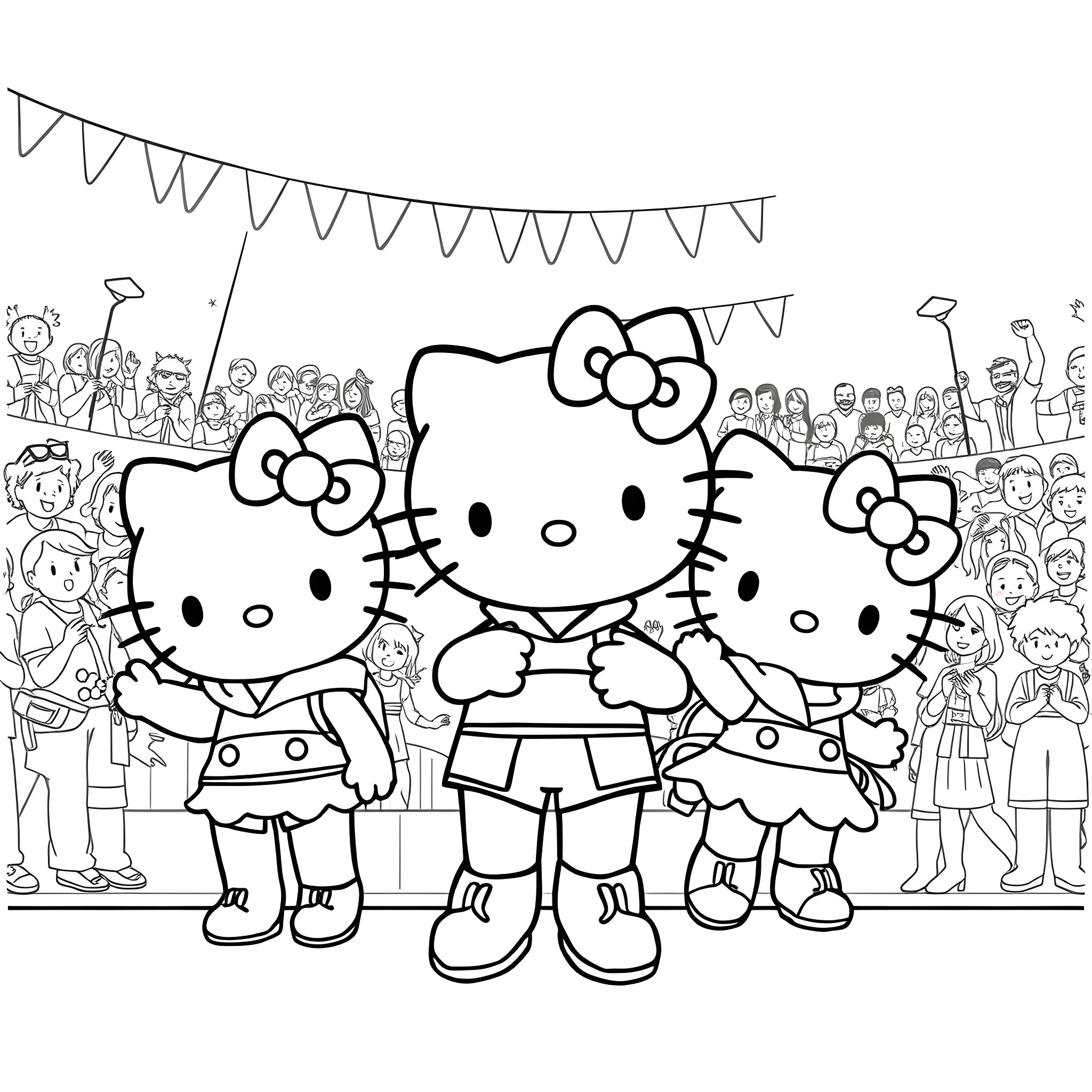 Hello Kitty and friends celebrate at a party Coloring Page (free black-and-white line drawing printable PDF for all, from beginners to advanced learners, including children, teens, adults, and seniors)