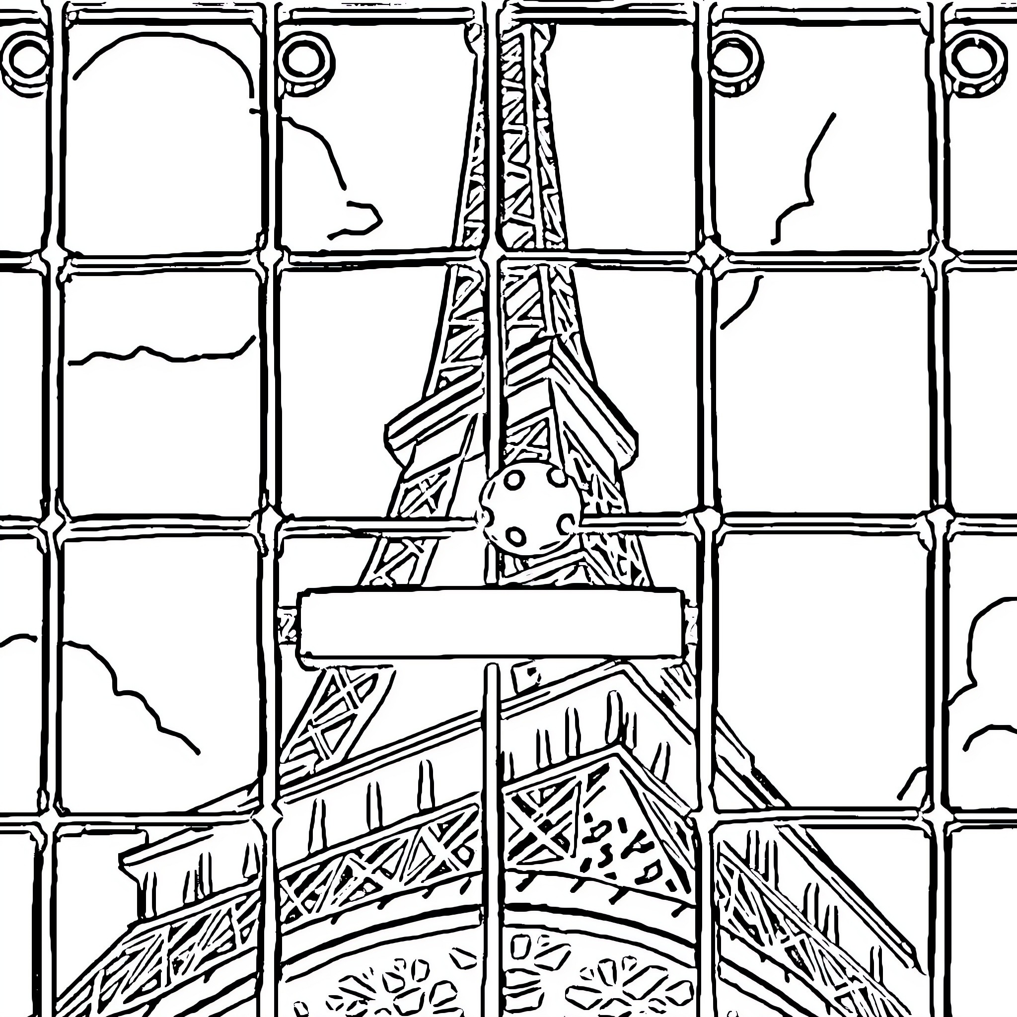 Ladybug admiring the Eiffel Tower Coloring Page (free black-and-white line drawing printable PDF for all, from beginners to advanced learners, including children, teens, adults, and seniors)