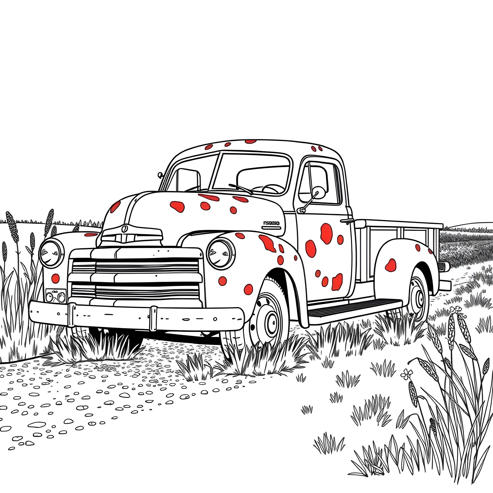 Truck in a Rustic Field with Polka Dots Coloring Page (free black-and-white line drawing printable PDF for all, from beginners to advanced learners, including children, teens, adults, and seniors)