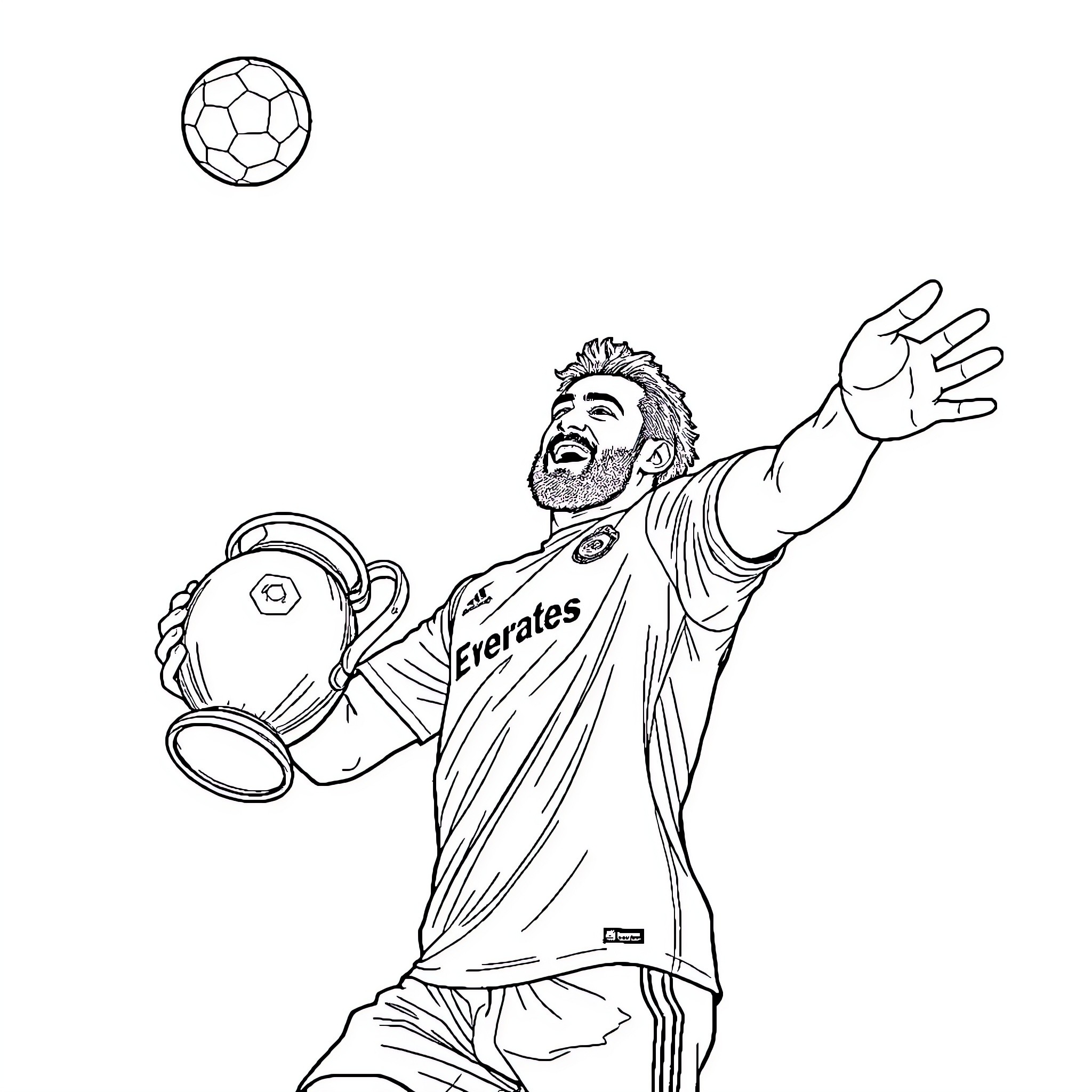 Salah celebrating victory with trophy Coloring Page (free black-and-white line drawing printable PDF for all, from beginners to advanced learners, including children, teens, adults, and seniors)