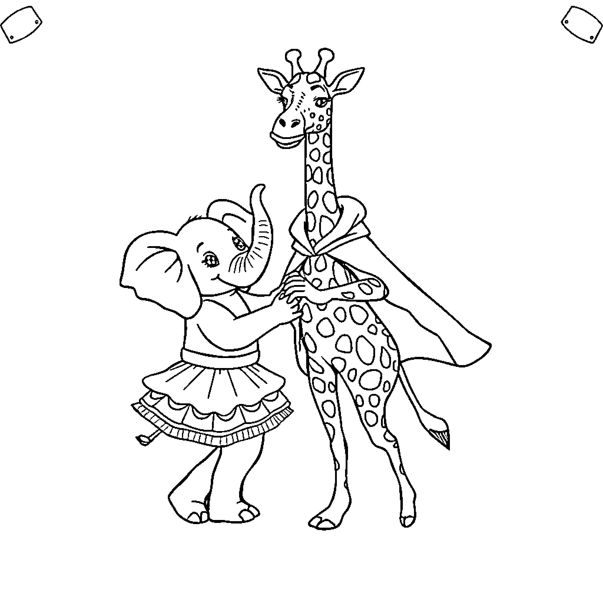 Elephant and Giraffe playing together Coloring Page (free black-and-white line drawing printable PDF for all, from beginners to advanced learners, including children, teens, adults, and seniors)
