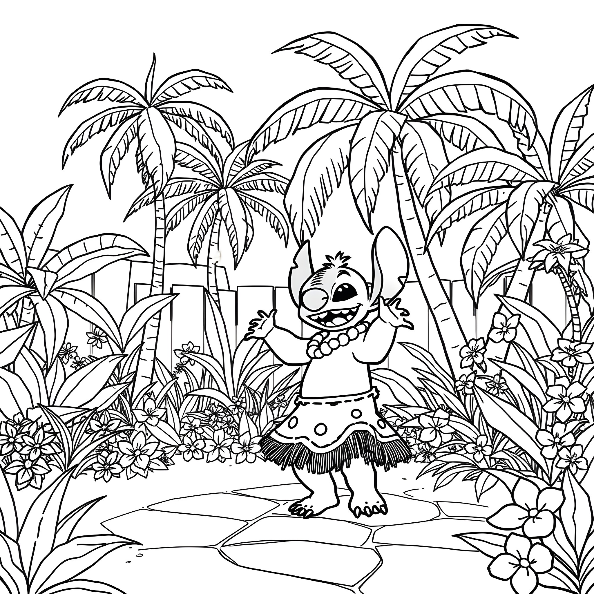 Lilo exploring the tropical paradise Coloring Page (free black-and-white line drawing printable PDF for all, from beginners to advanced learners, including children, teens, adults, and seniors)