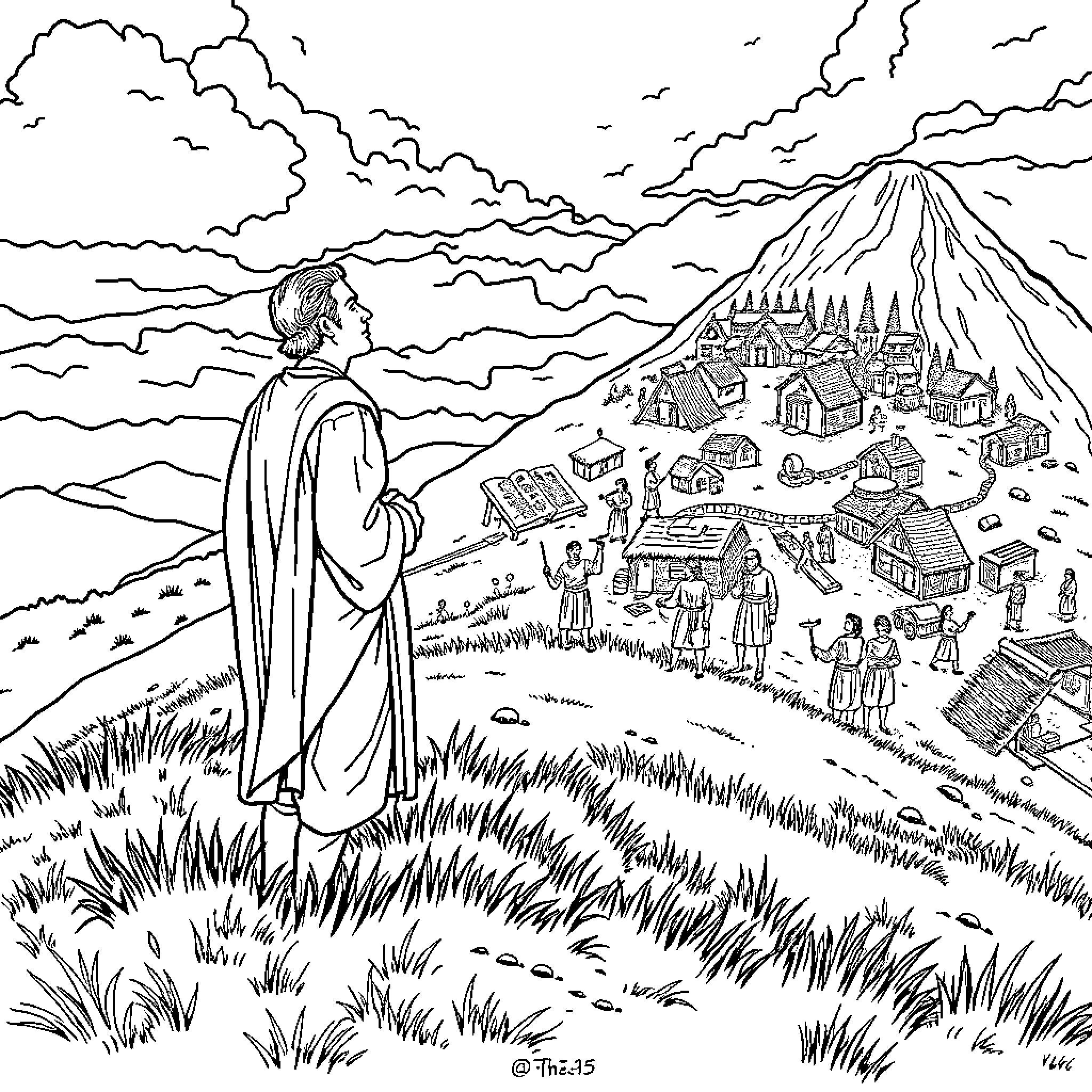 Joseph Smith overlooking a town in the mountains Coloring Page (free black-and-white line drawing printable PDF for all, from beginners to advanced learners, including children, teens, adults, and seniors)