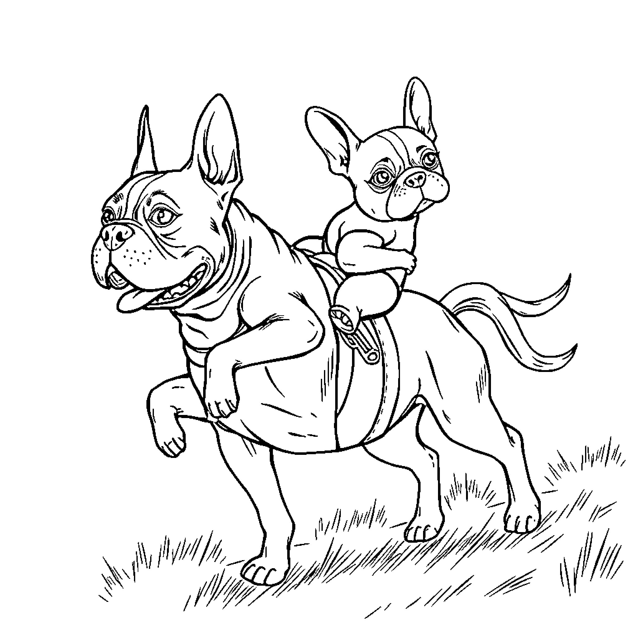 Bulldog pair going for a joyful walk Coloring Page (free black-and-white line drawing printable PDF for all, from beginners to advanced learners, including children, teens, adults, and seniors)