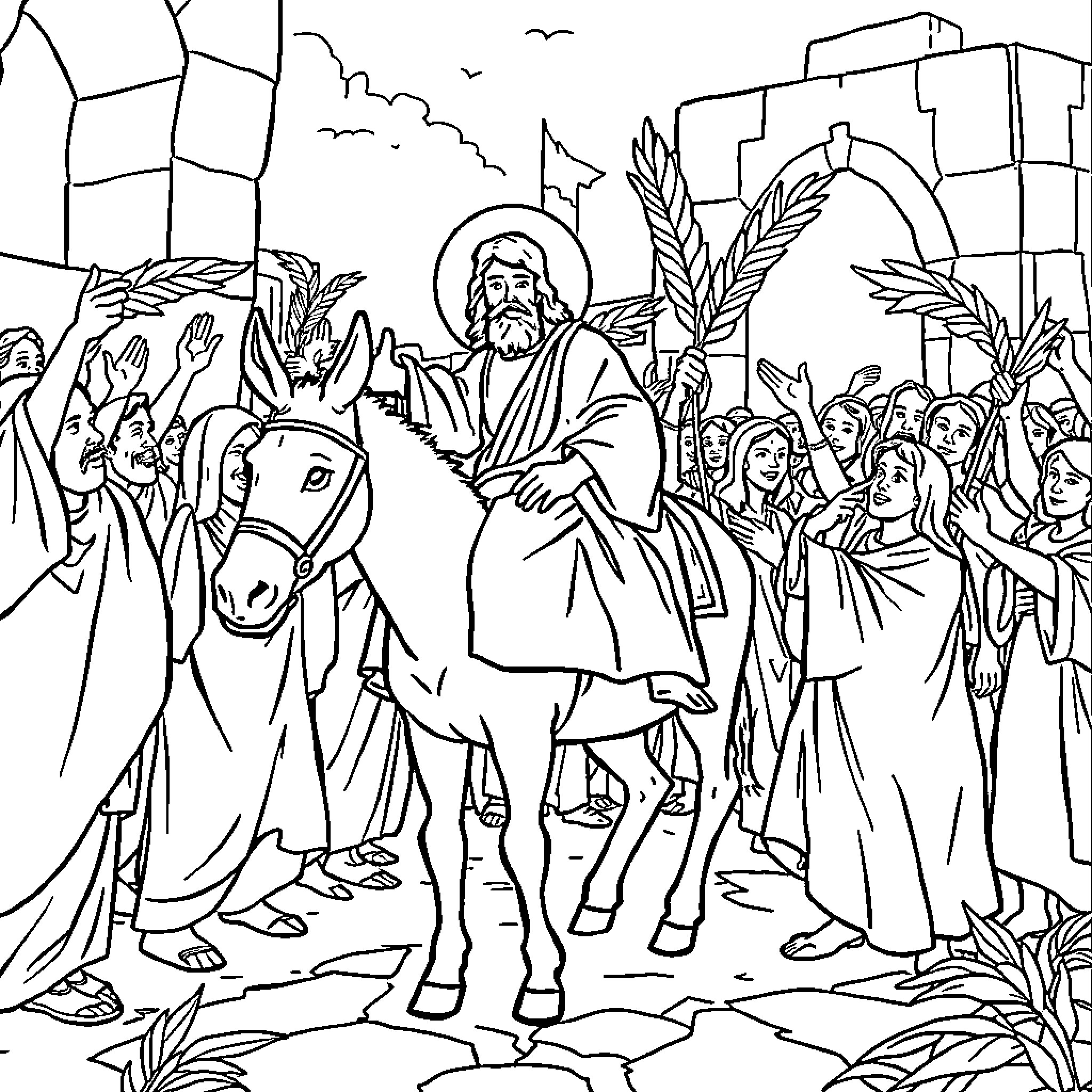 Jesus Entering Jerusalem on a Donkey Amid Cheering Crowds Coloring Page (free black-and-white line drawing printable PDF for all, from beginners to advanced learners, including children, teens, adults, and seniors)
