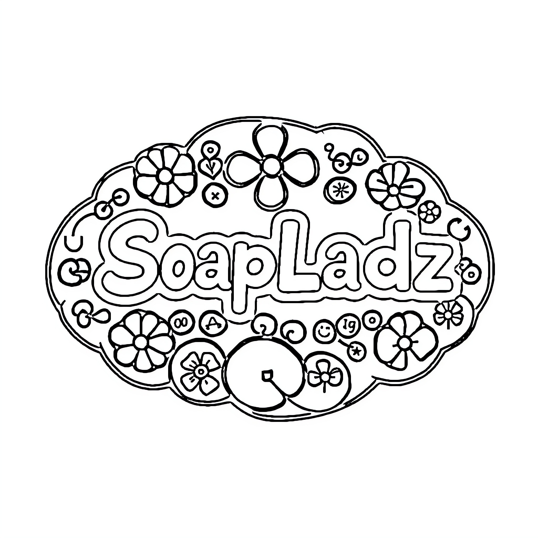 SoapLadz: Playful Flower-Themed Design Coloring Page (free black-and-white line drawing printable PDF for all, from beginners to advanced learners, including children, teens, adults, and seniors)