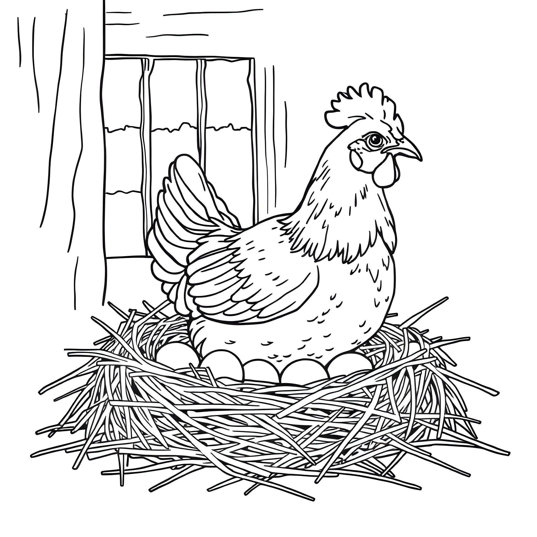 Hen sitting on nest with eggs Coloring Page (free black-and-white line drawing printable PDF for all, from beginners to advanced learners, including children, teens, adults, and seniors)