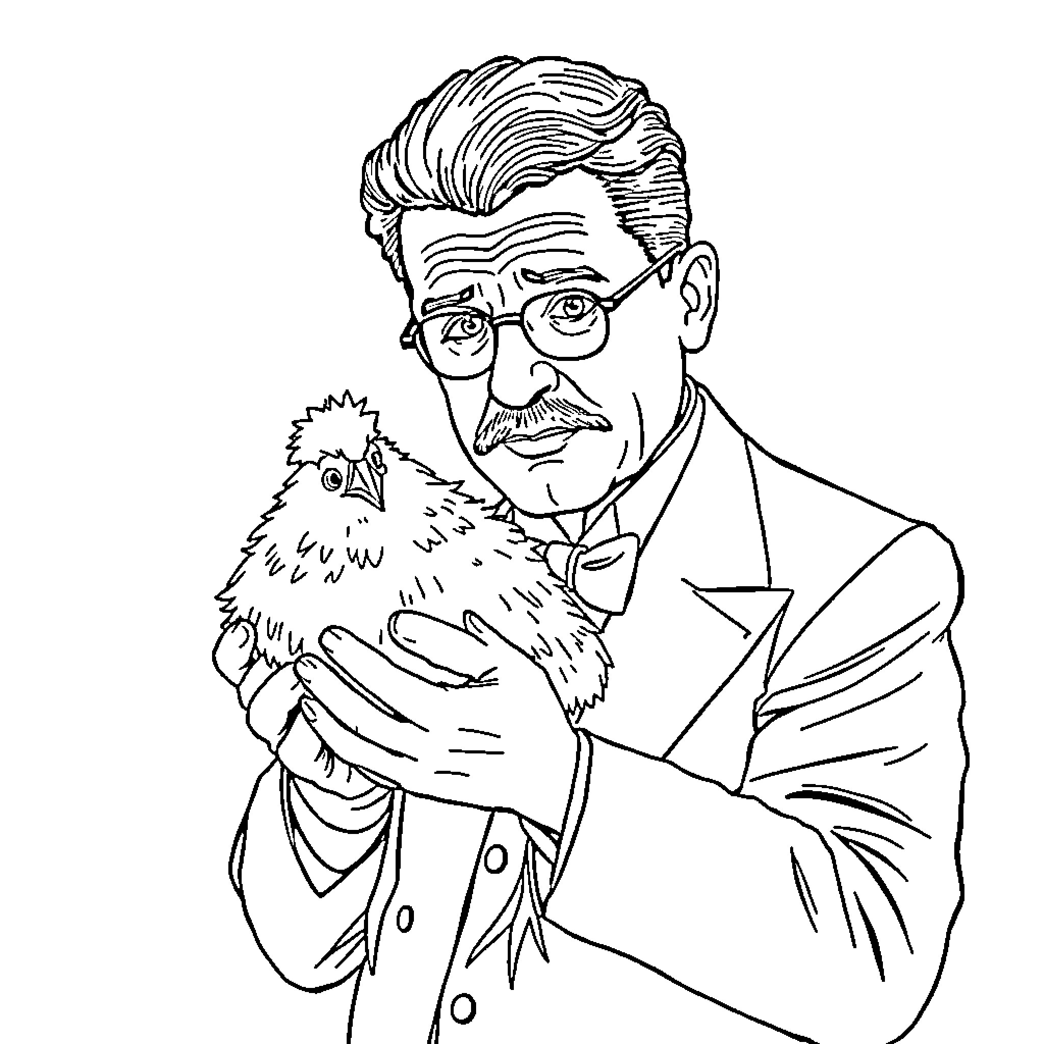 Shostakovich holding a pet bird in formal attire Coloring Page (free black-and-white line drawing printable PDF for all, from beginners to advanced learners, including children, teens, adults, and seniors)