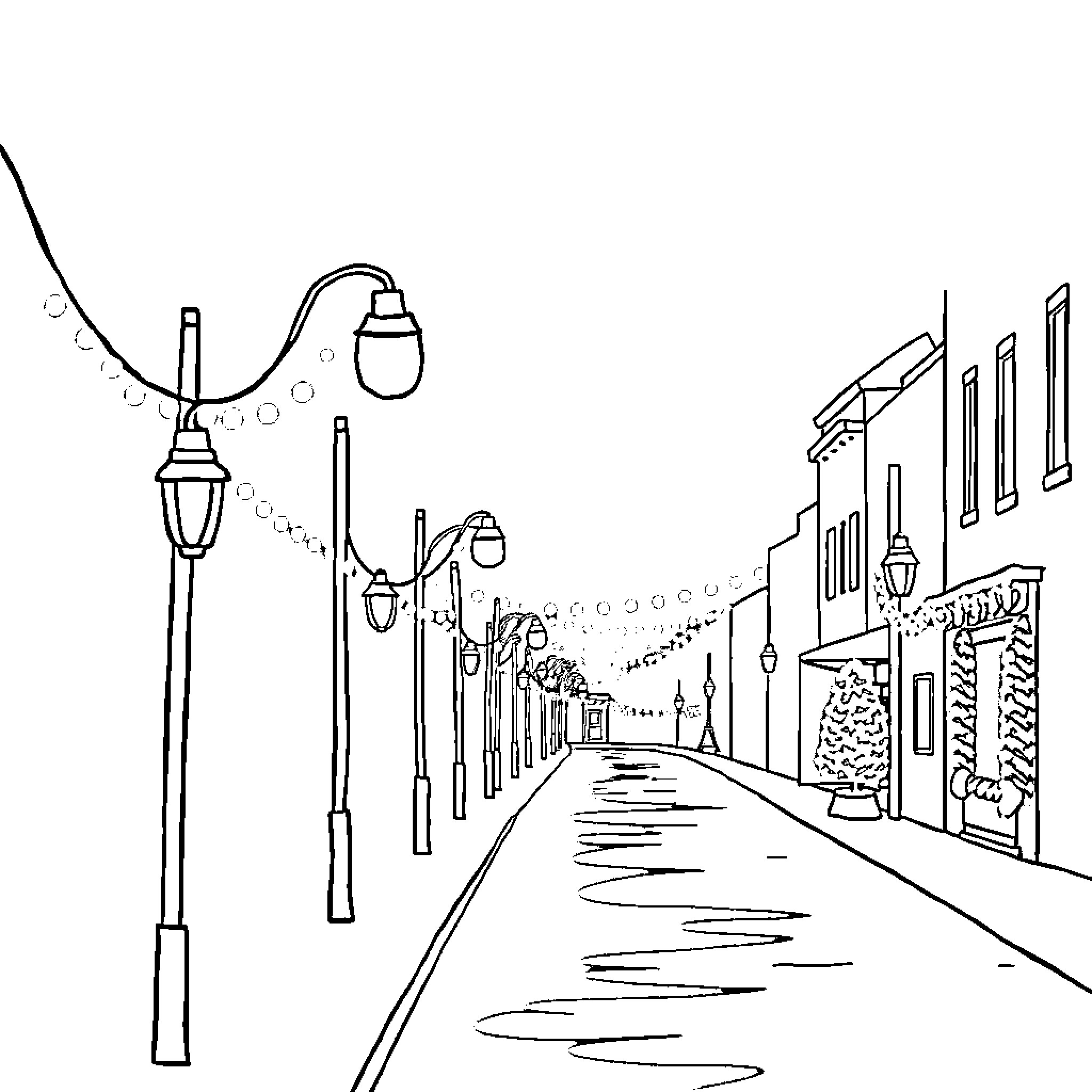 Christmas Light Decorations on a Snowy Street Coloring Page (free black-and-white line drawing printable PDF for all, from beginners to advanced learners, including children, teens, adults, and seniors)