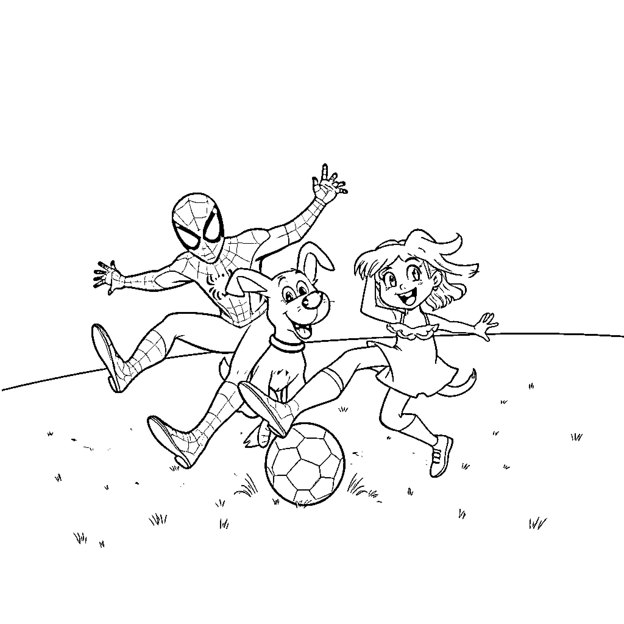 Spiderman and friends playing soccer on the field Coloring Page (free black-and-white line drawing printable PDF for all, from beginners to advanced learners, including children, teens, adults, and seniors)