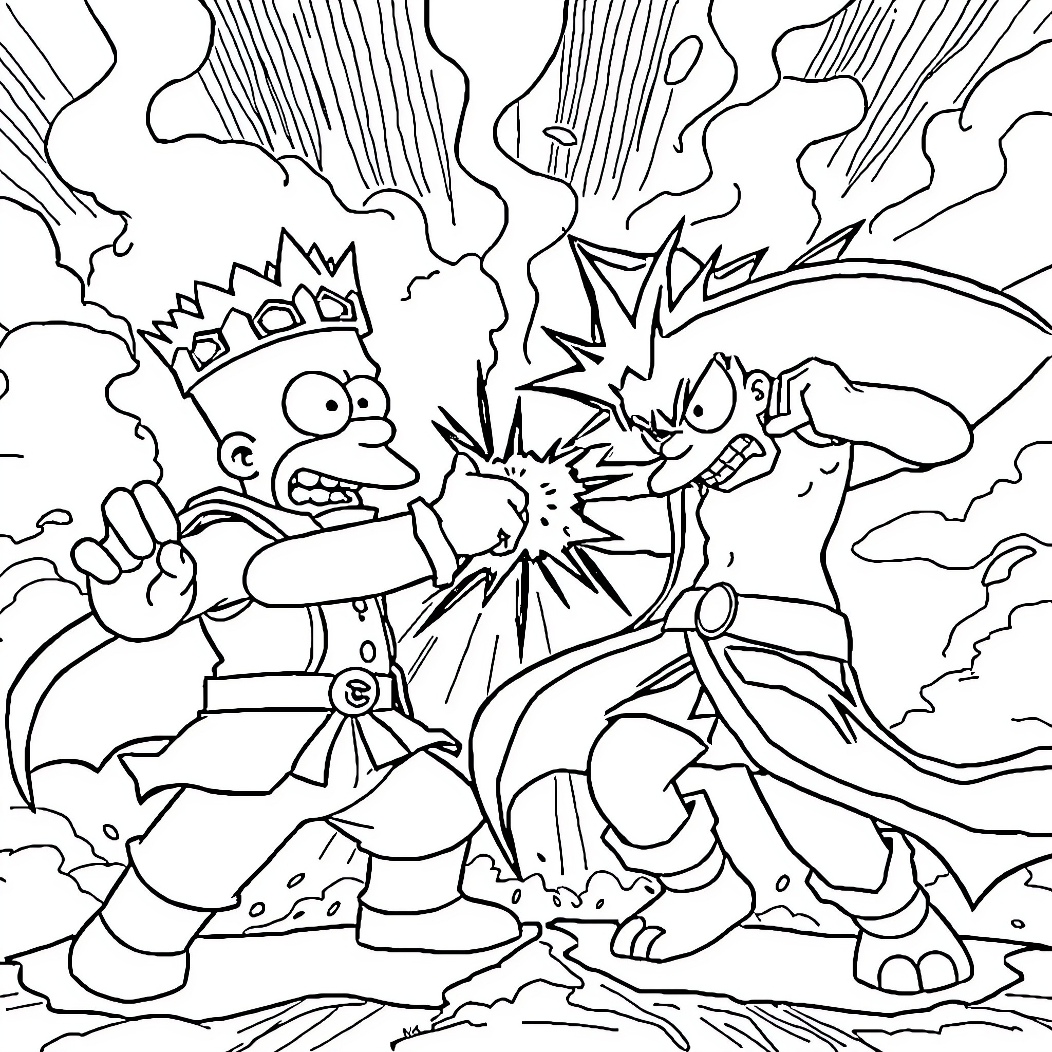 Kaiba's Intense Battle with a Ferocious Monster Coloring Page (free black-and-white line drawing printable PDF for all, from beginners to advanced learners, including children, teens, adults, and seniors)