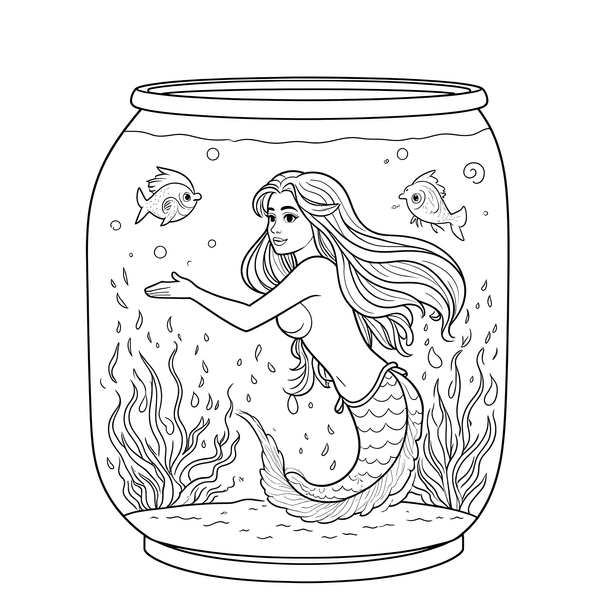 Mermaid swimming with fish in a fishbowl Coloring Page (free black-and-white line drawing printable PDF for all, from beginners to advanced learners, including children, teens, adults, and seniors)