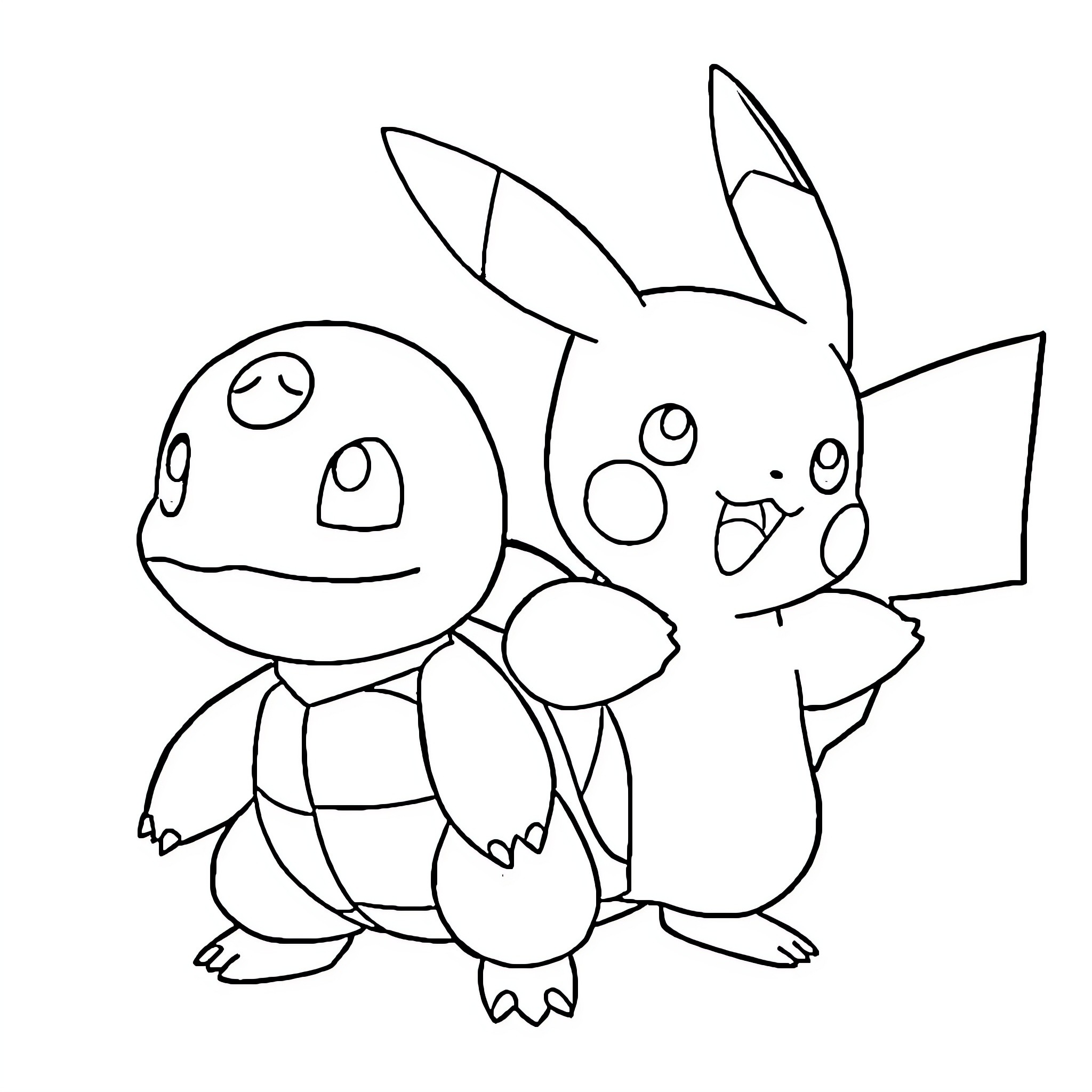 Pikachu and another Pokemon playing together Coloring Page (free black-and-white line drawing printable PDF for all, from beginners to advanced learners, including children, teens, adults, and seniors)