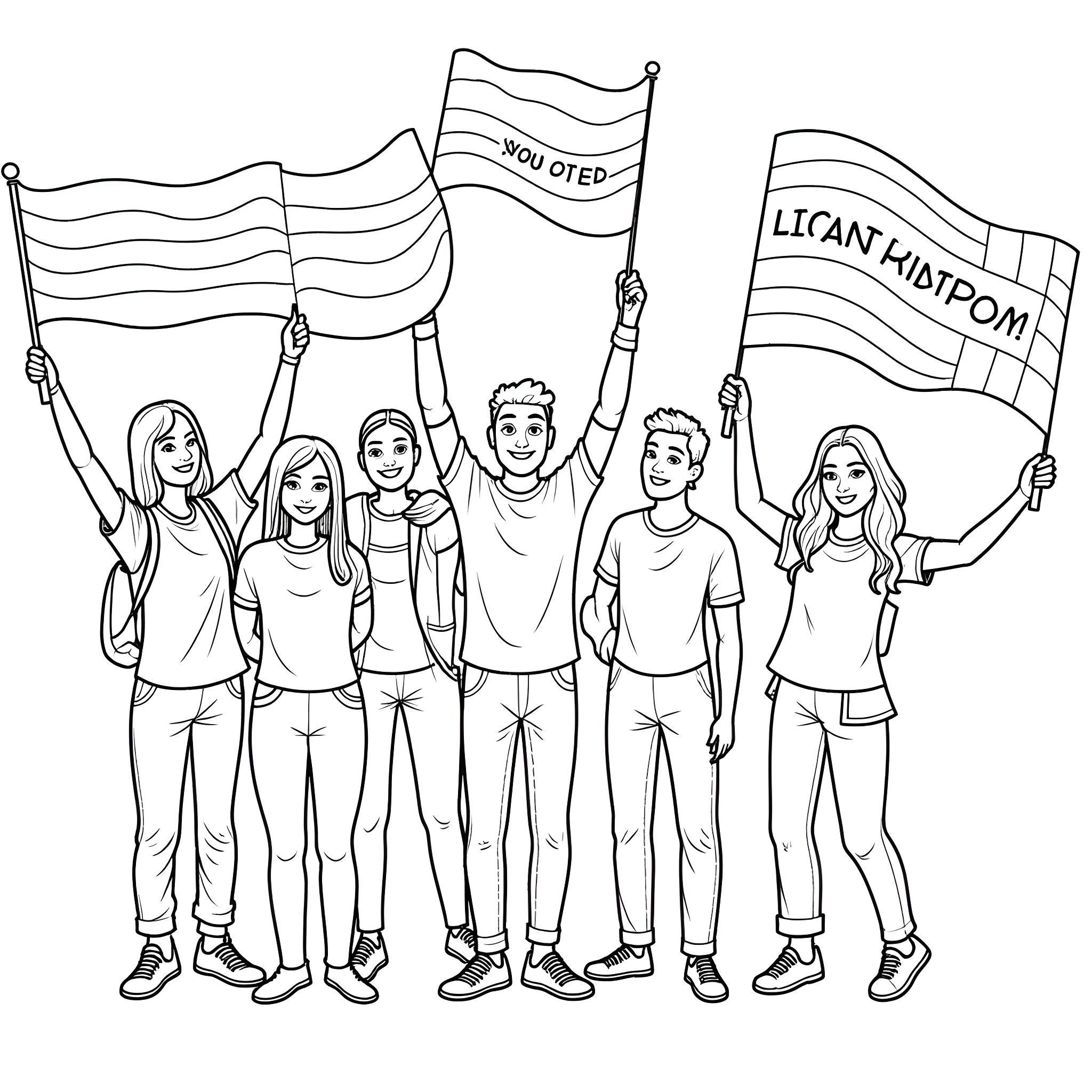 LGBTQ Pride March with Supportive Flags and Expressions Coloring Page (free black-and-white line drawing printable PDF for all, from beginners to advanced learners, including children, teens, adults, and seniors)