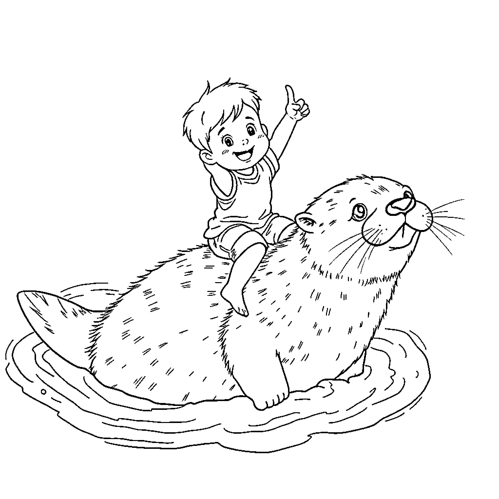 Boy riding playfully on a friendly sea lion Coloring Page (free black-and-white line drawing printable PDF for all, from beginners to advanced learners, including children, teens, adults, and seniors)