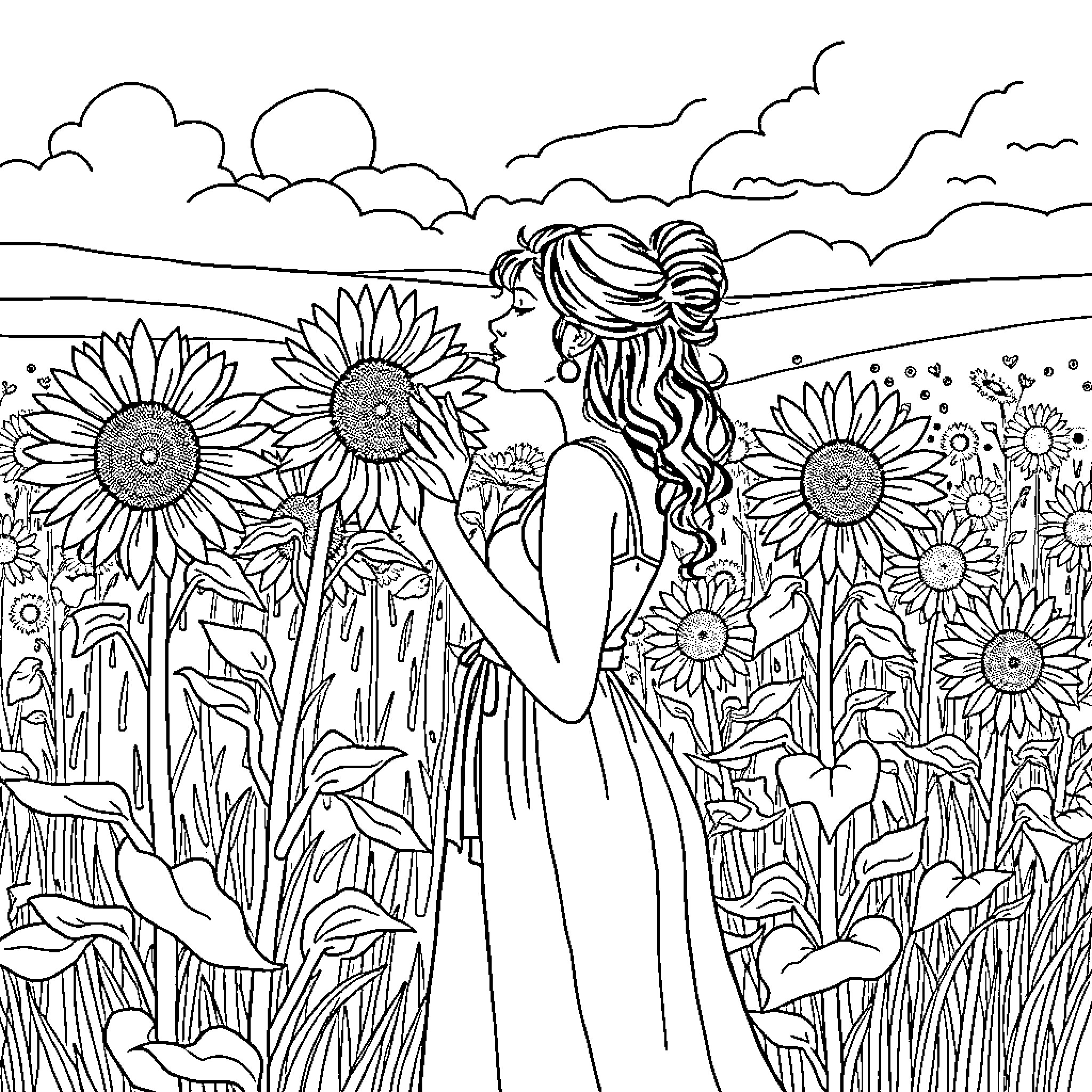 Lady Admiring Sunflowers in Tranquil Countryside Coloring Page (free black-and-white line drawing printable PDF for all, from beginners to advanced learners, including children, teens, adults, and seniors)