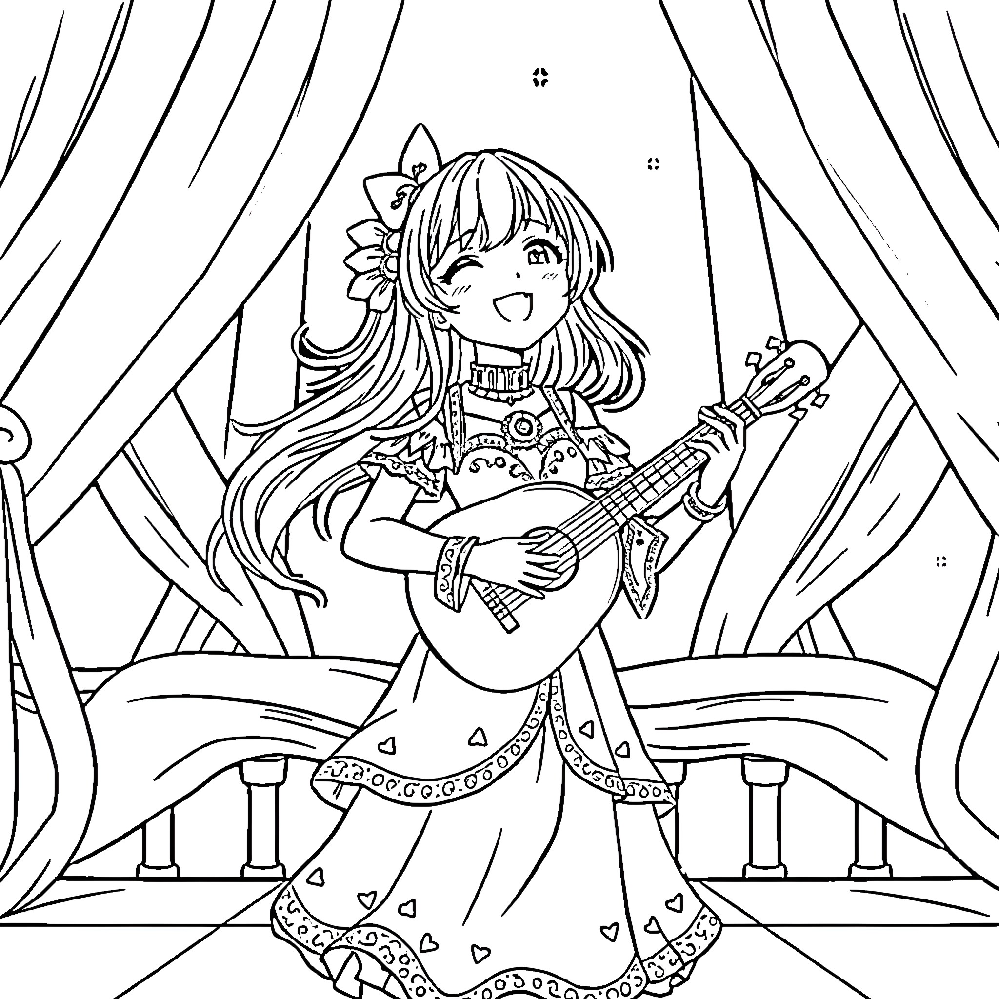Anime Girl Playing Guitar on Stage Coloring Page (free black-and-white line drawing printable PDF for all, from beginners to advanced learners, including children, teens, adults, and seniors)