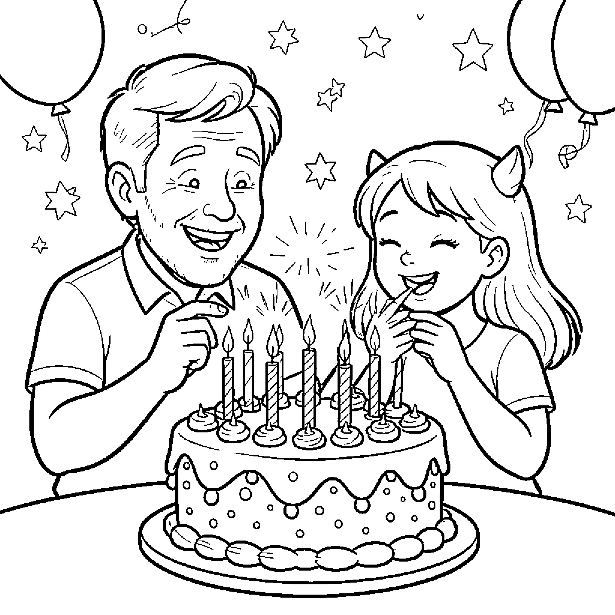 Papa and Child Celebrate Birthday with Cake and Balloons Coloring Page (free black-and-white line drawing printable PDF for all, from beginners to advanced learners, including children, teens, adults, and seniors)