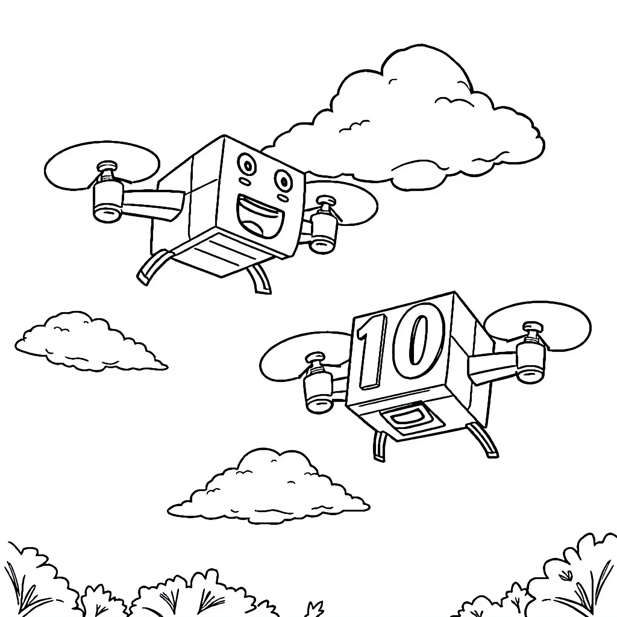 Numberblocks playing happily in the sky Coloring Page (free black-and-white line drawing printable PDF for all, from beginners to advanced learners, including children, teens, adults, and seniors)