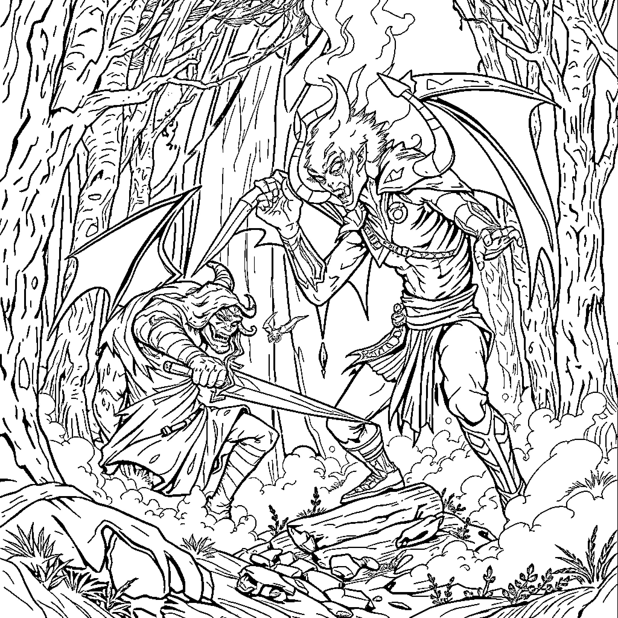 Demon Slayer Warriors Battling in a Mystical Forest Coloring Page (free black-and-white line drawing printable PDF for all, from beginners to advanced learners, including children, teens, adults, and seniors)