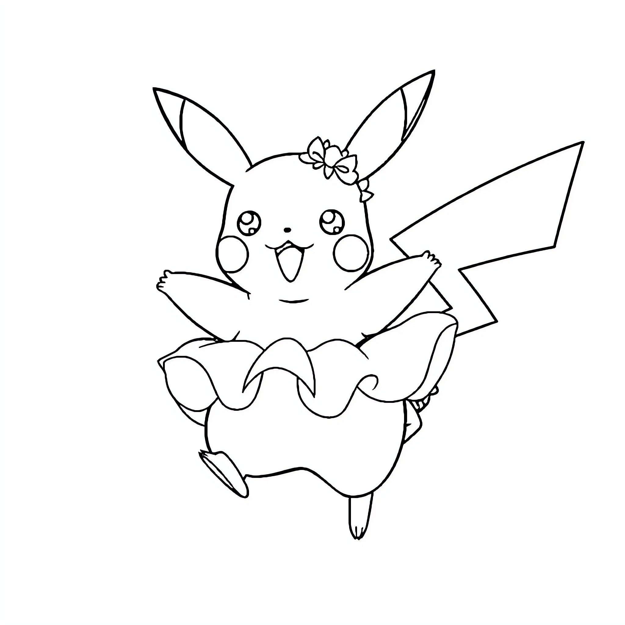 Pikachu happily holding a flower Coloring Page (free black-and-white line drawing printable PDF for all, from beginners to advanced learners, including children, teens, adults, and seniors)