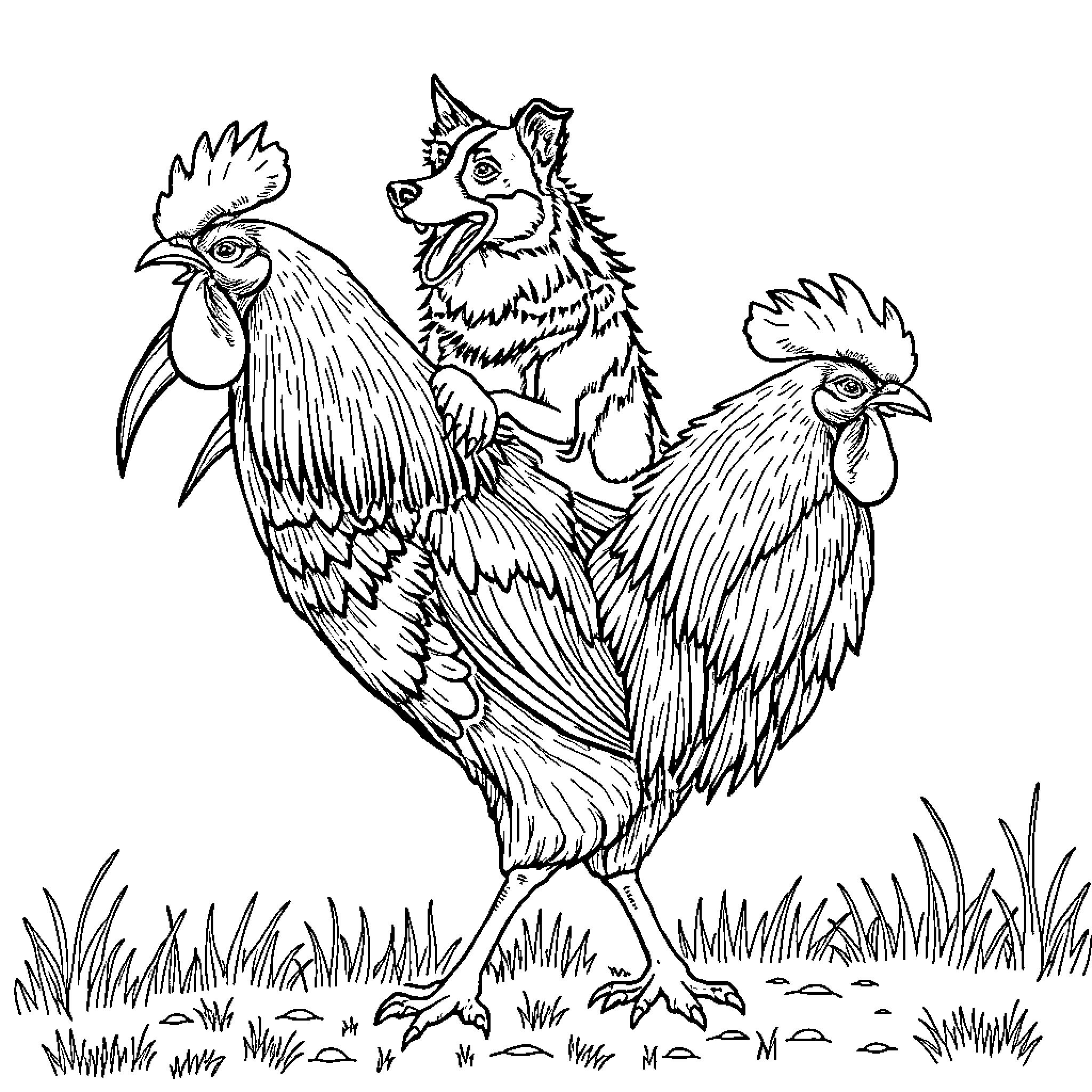 Border Collie playing with roosters on a farm Coloring Page (free black-and-white line drawing printable PDF for all, from beginners to advanced learners, including children, teens, adults, and seniors)