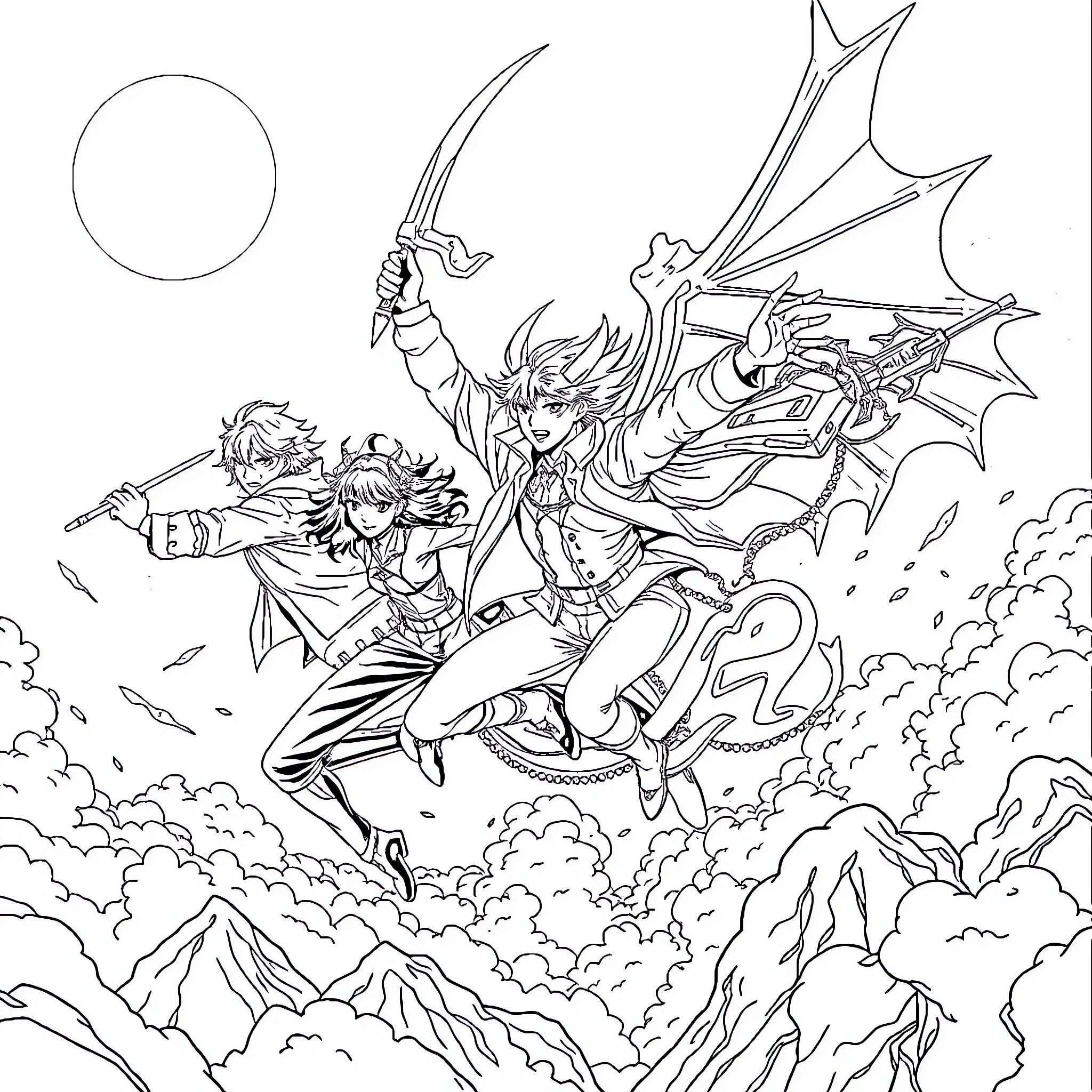 Demon Hunter Vanquishing Evil Creatures in Epic Battle Coloring Page (free black-and-white line drawing printable PDF for all, from beginners to advanced learners, including children, teens, adults, and seniors)