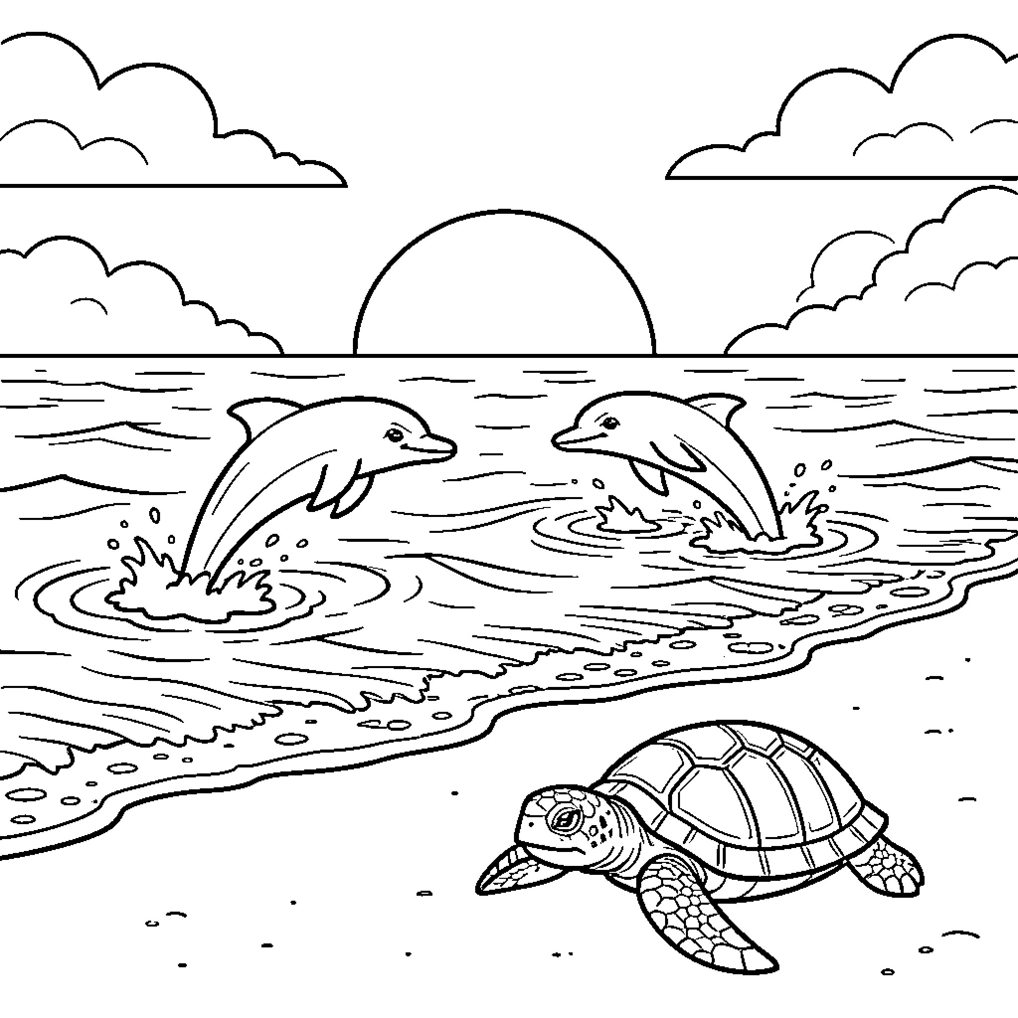 Dolphin jumping in waves near a beach turtle Coloring Page (free black-and-white line drawing printable PDF for all, from beginners to advanced learners, including children, teens, adults, and seniors)