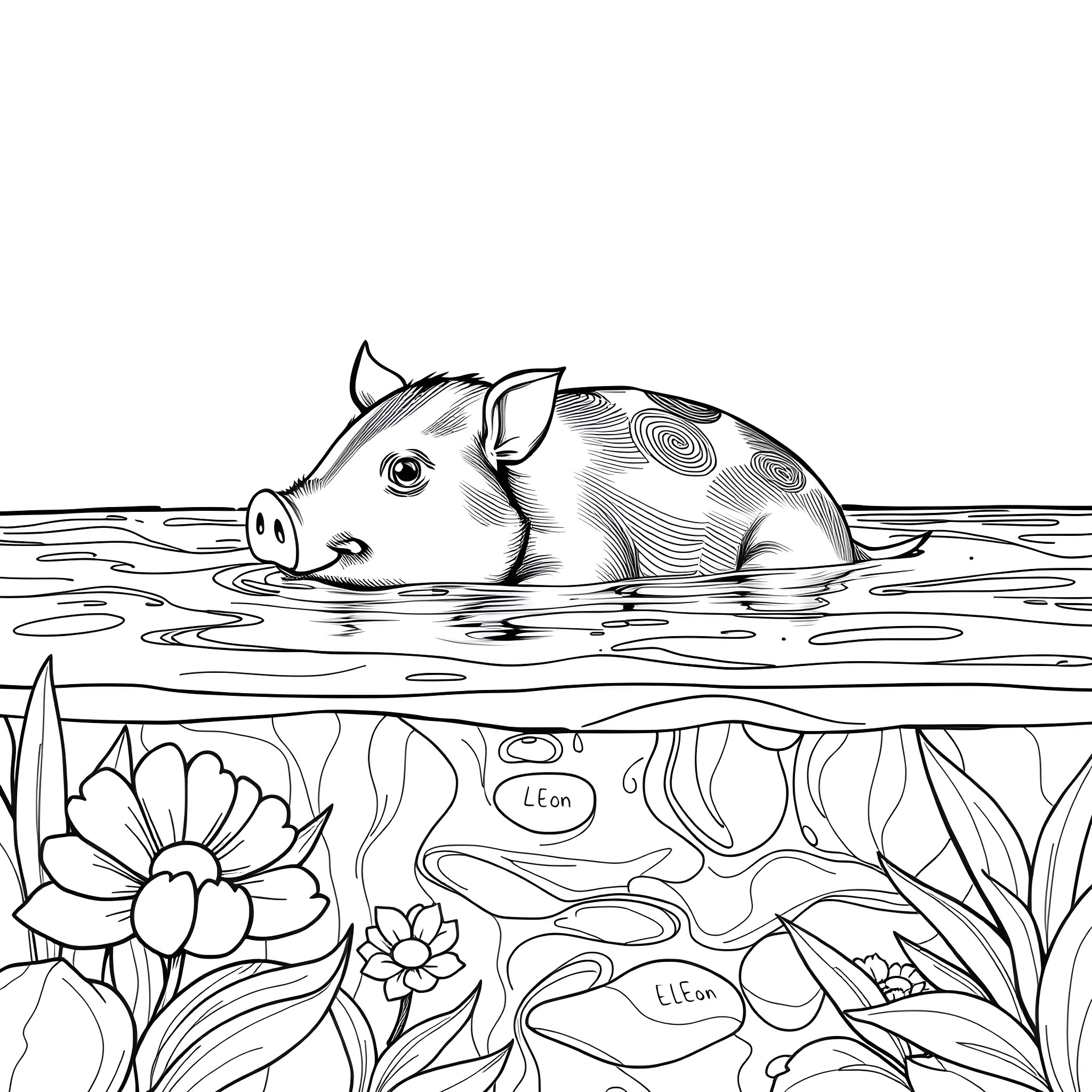 Porc relaxing in the pond surrounded by flowers Coloring Page (free black-and-white line drawing printable PDF for all, from beginners to advanced learners, including children, teens, adults, and seniors)